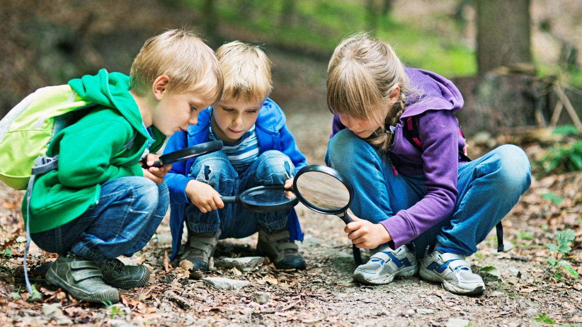 Kinder auf dem Waldboden mit Lupe