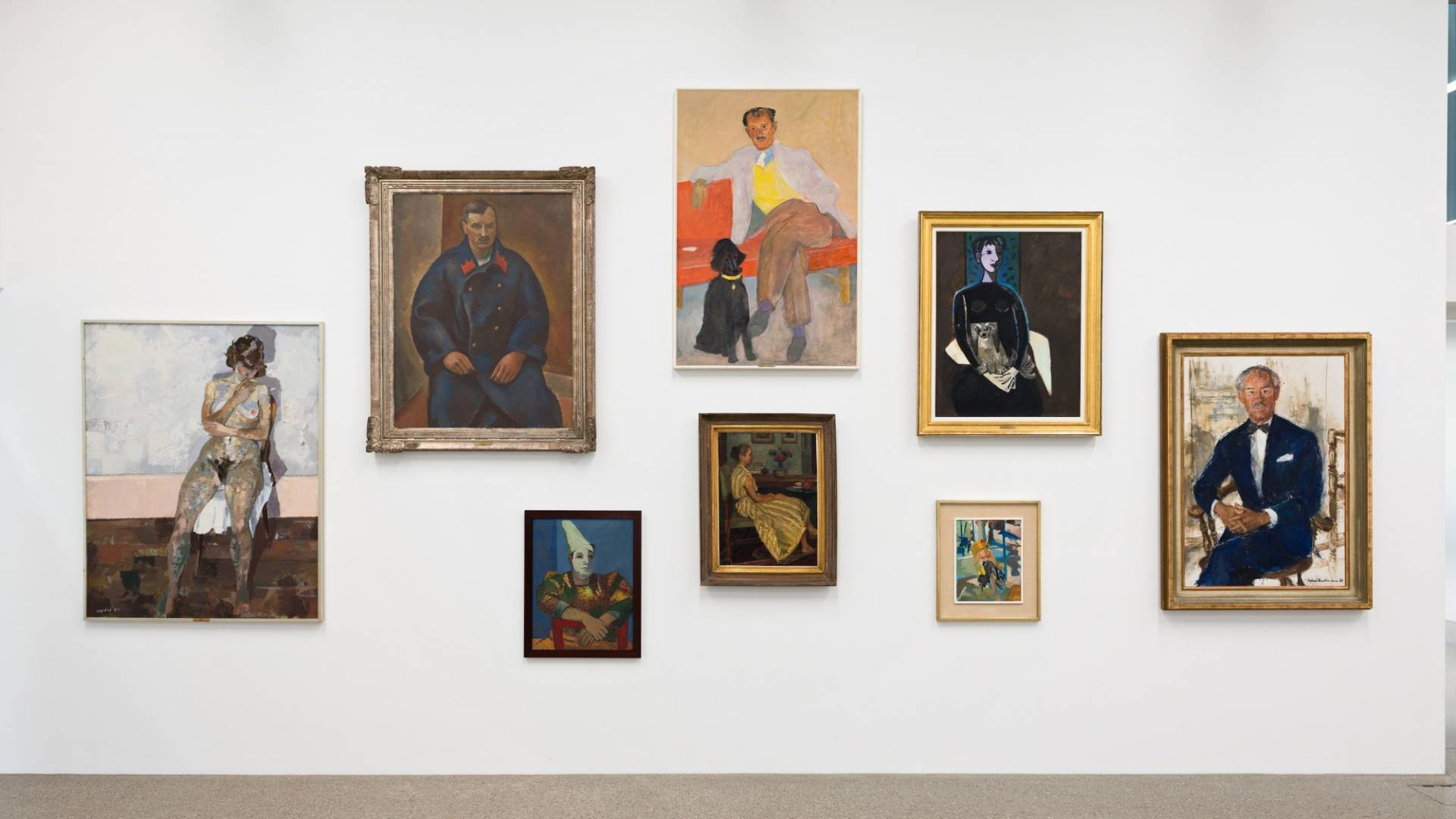 Eight handsomely framed paintings, reminiscent of a hall of ancestral portraits. Individual men and women sitting for the artist.