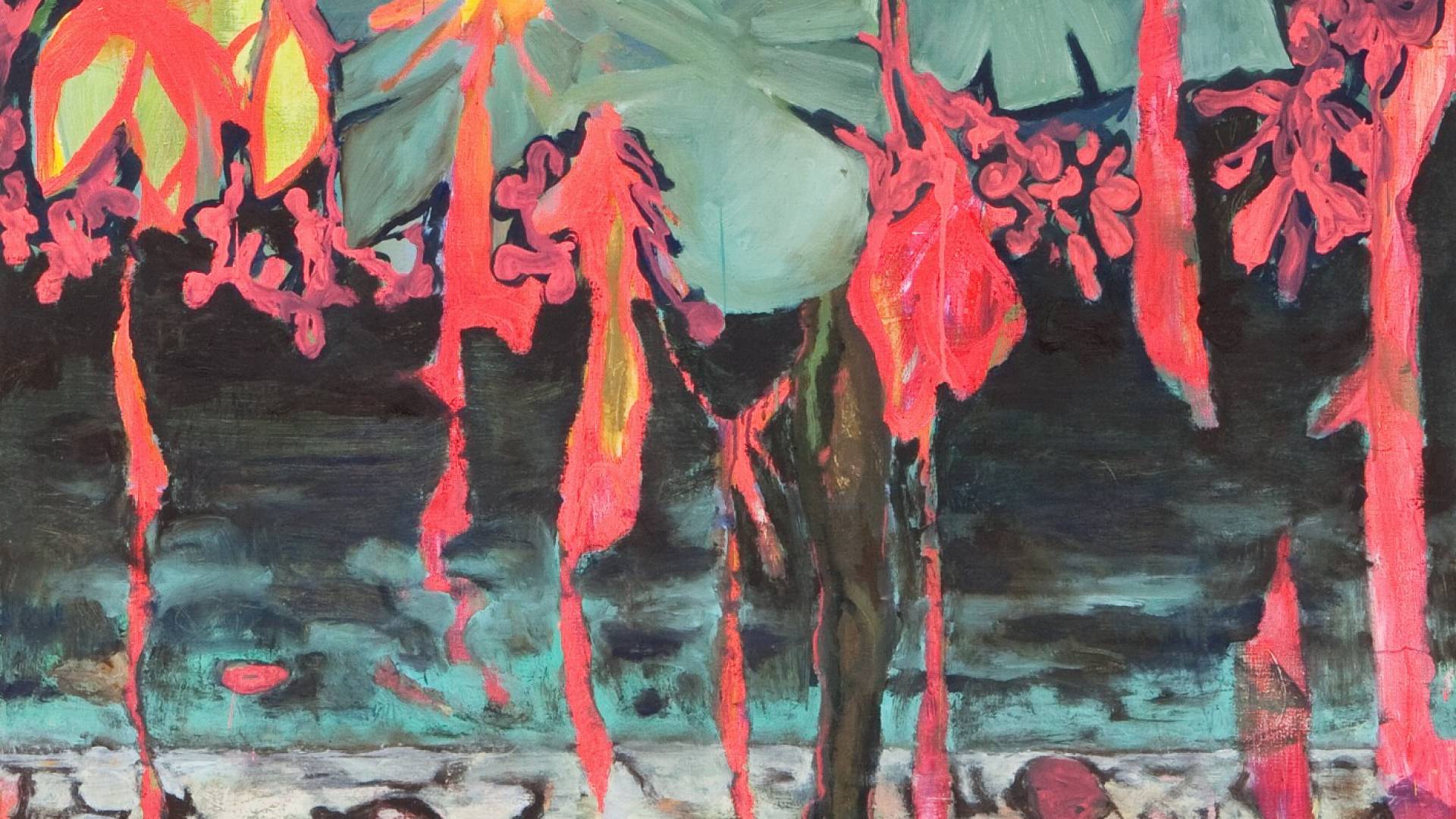 Le tableau d'Andriu Deplazes, lauréat du Prix d'art Helvetia 2017, représente la feuille vigoureuse d'un monstera affrontant une pluie de feu dans un lieu inhospitalier.