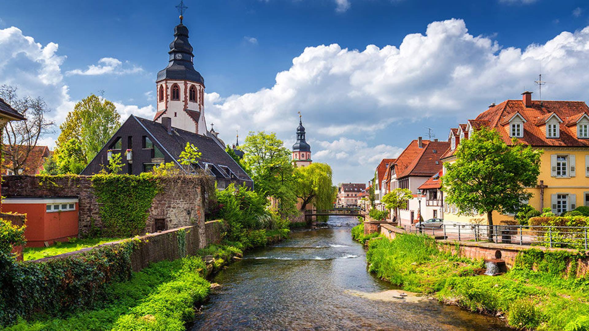 Cityscape by the river Alb in Ettlingen, Black Forest, Baden-Wurttemberg, Germany, Europe