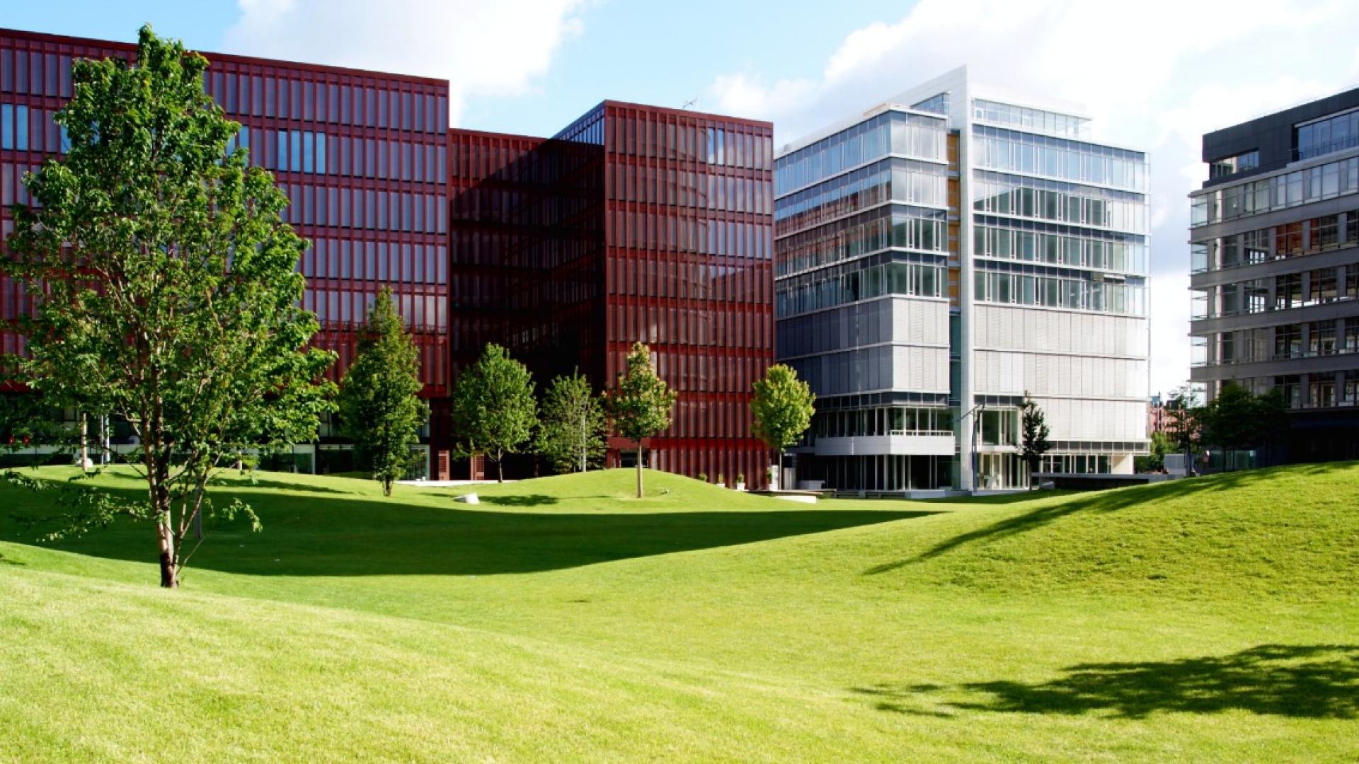Mehre Bürogebäude sind hinter eine grünen Wiese zu sehen.