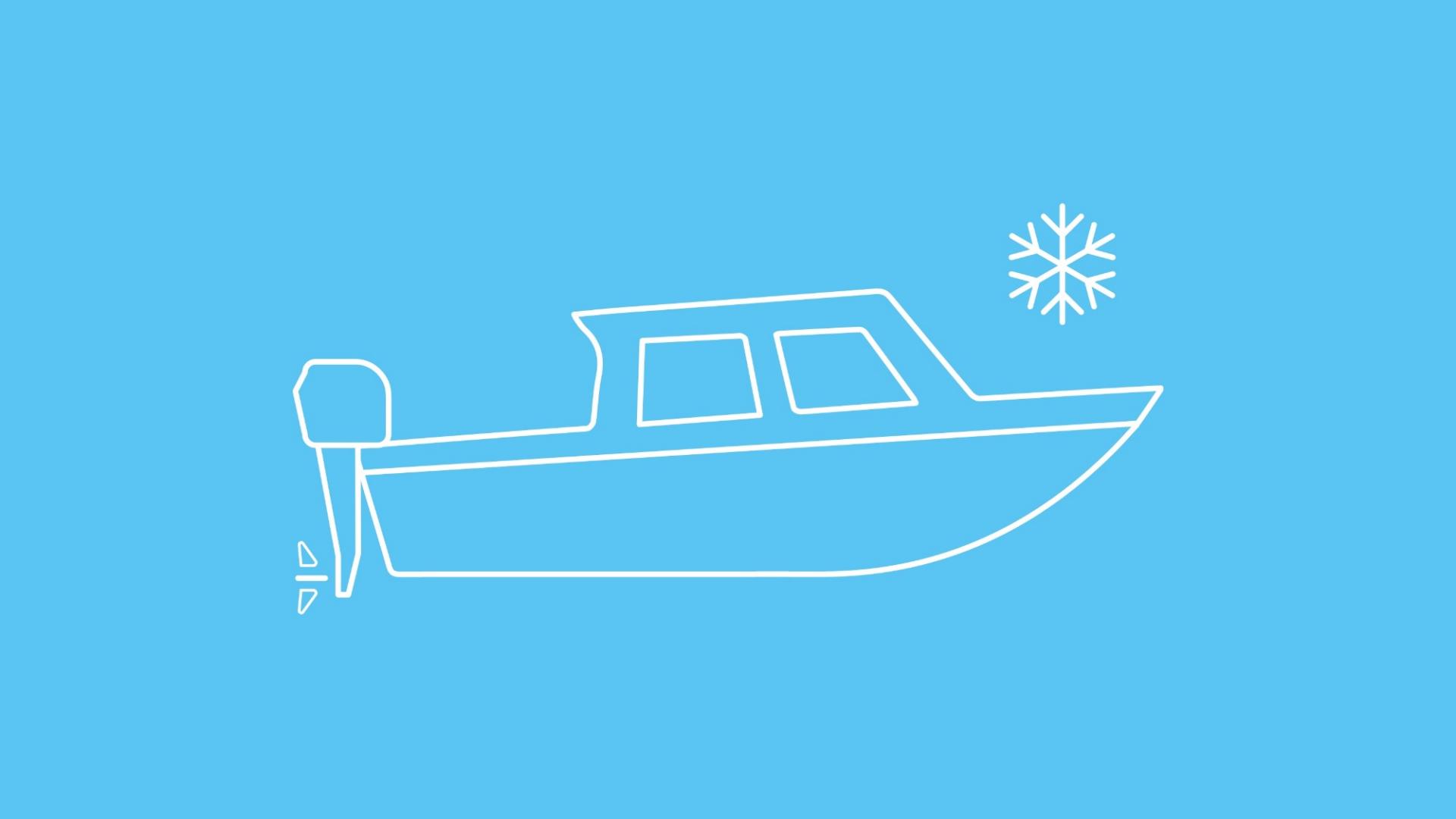 Die Grafik zeigt ein Motorboot mit einer Schneeflocke, um mögliche Frostschäden zu symbolisieren.  