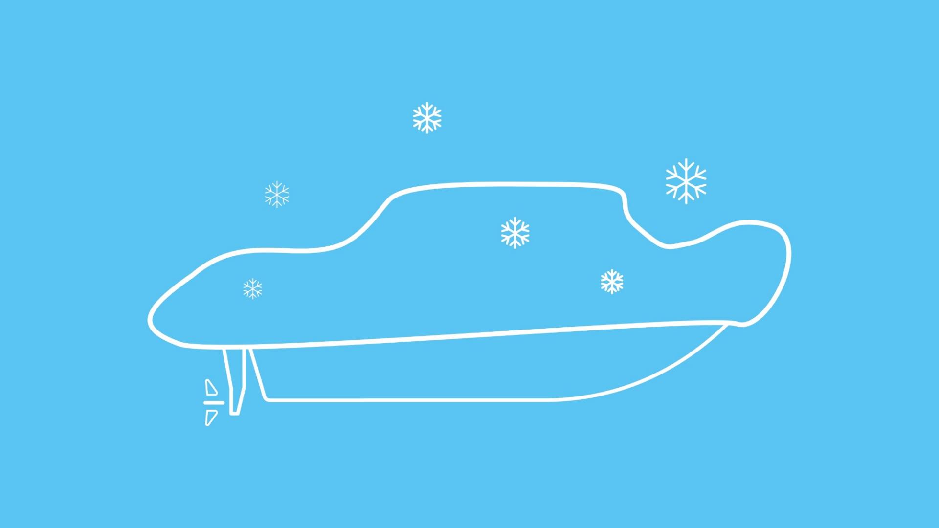 Die Grafik zeigt ein Boot in Icon-Form, das mit einer Plane abgedeckt ist, um es vor Frostschäden zu schützen. 