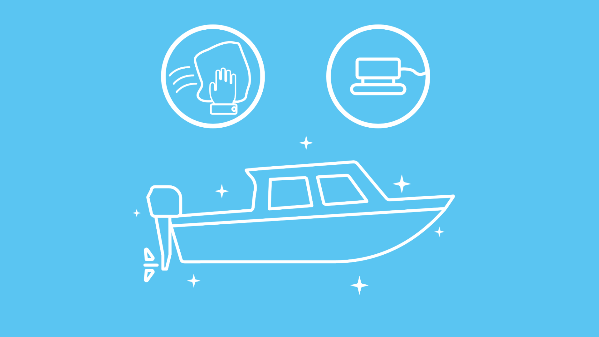 Im Fokus der Grafik steht ein frisch poliertes Boot. Um das Boot herum ist ein Icon mit einer Poliermaschine und ein Icon mit einer Hand zu sehen. 