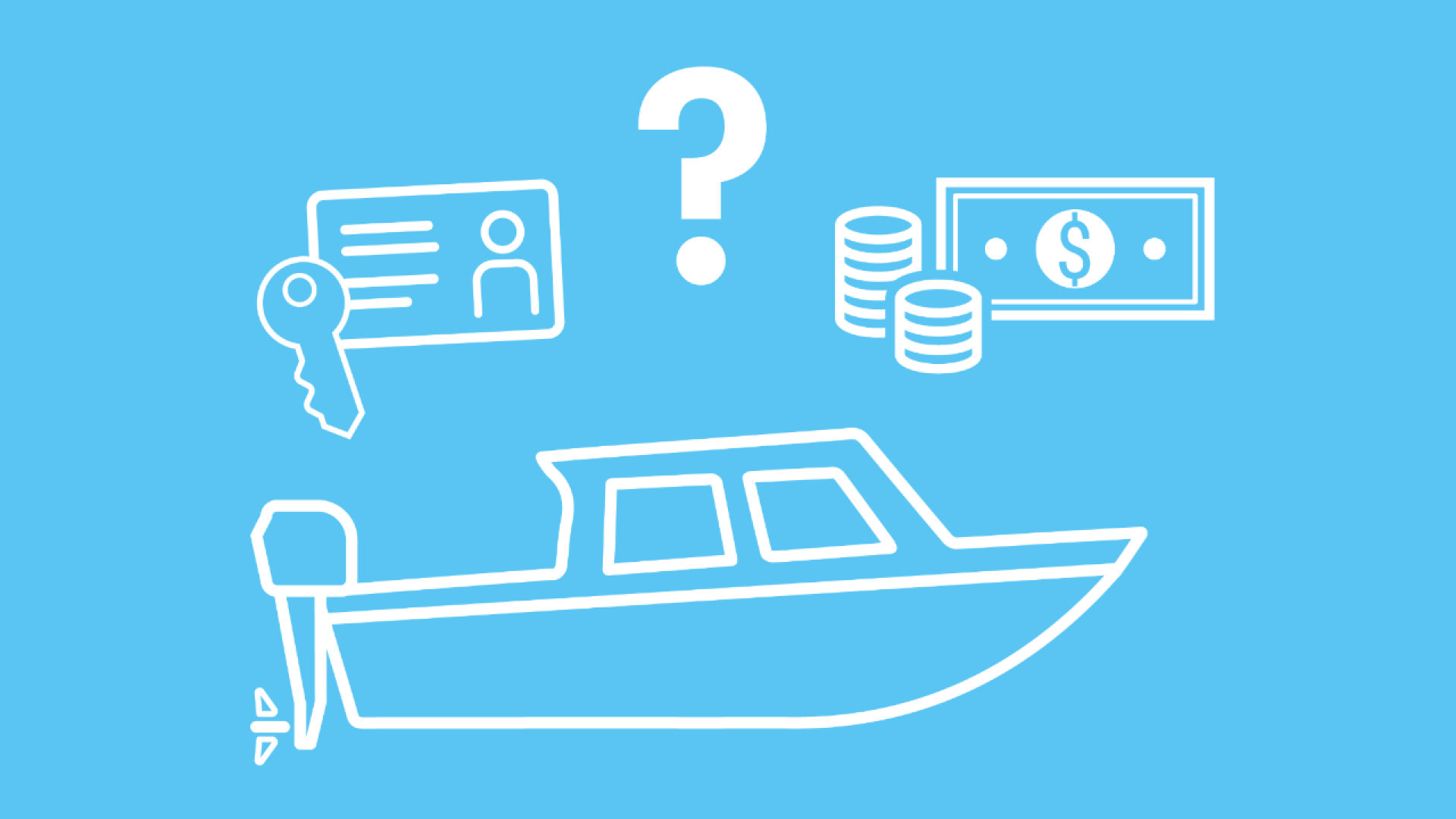 Über einem Motorboot sind ein Bootsführerschein und Geld-Icons zu sehen, die für die Bootsführerschein Kosten stehen.
