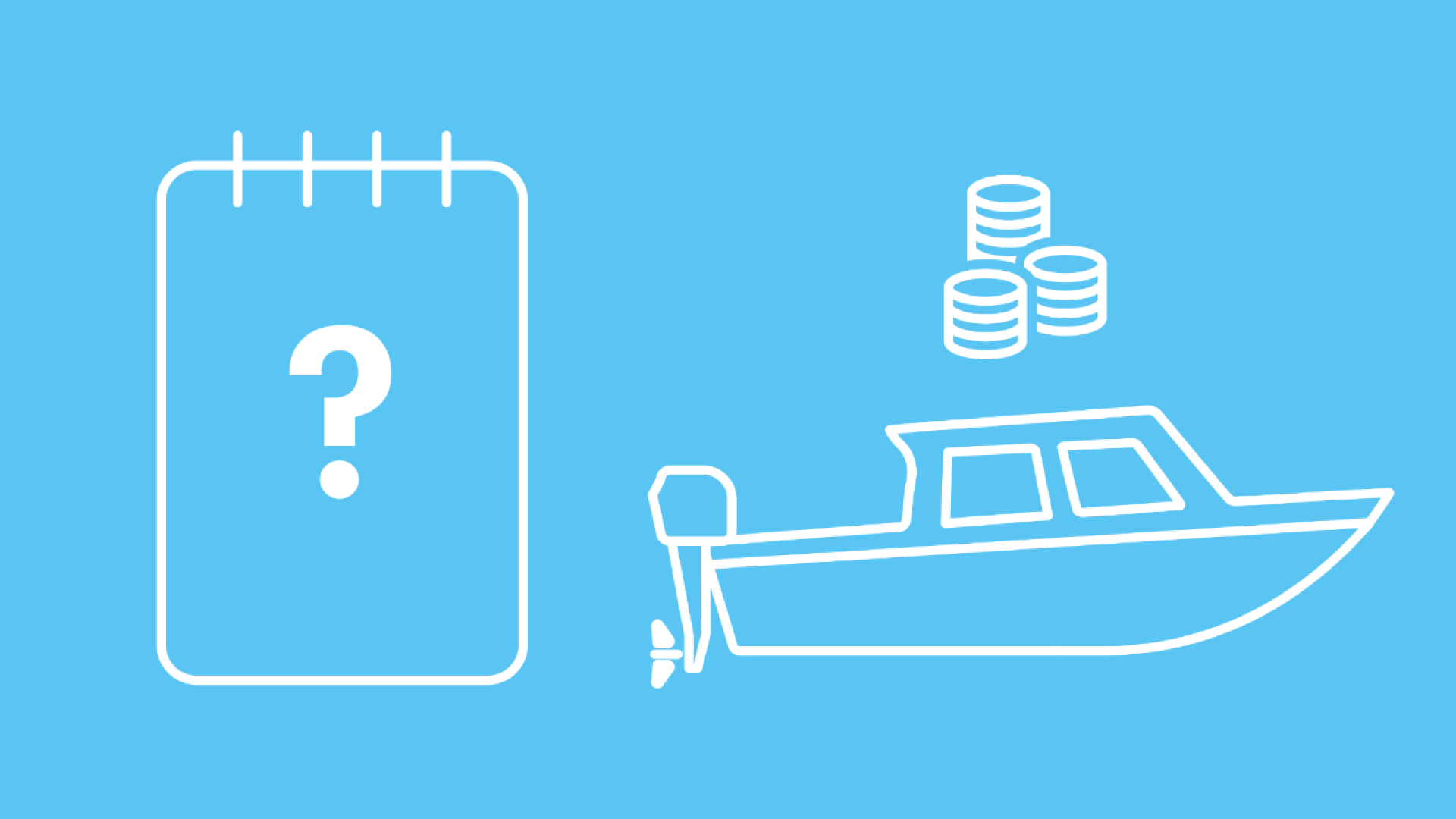 Neben einem Motorboot, über dem ein Geldstapel zu sehen ist, ist eine Checkliste mit einem großen Fragezeichen darauf zu sehen