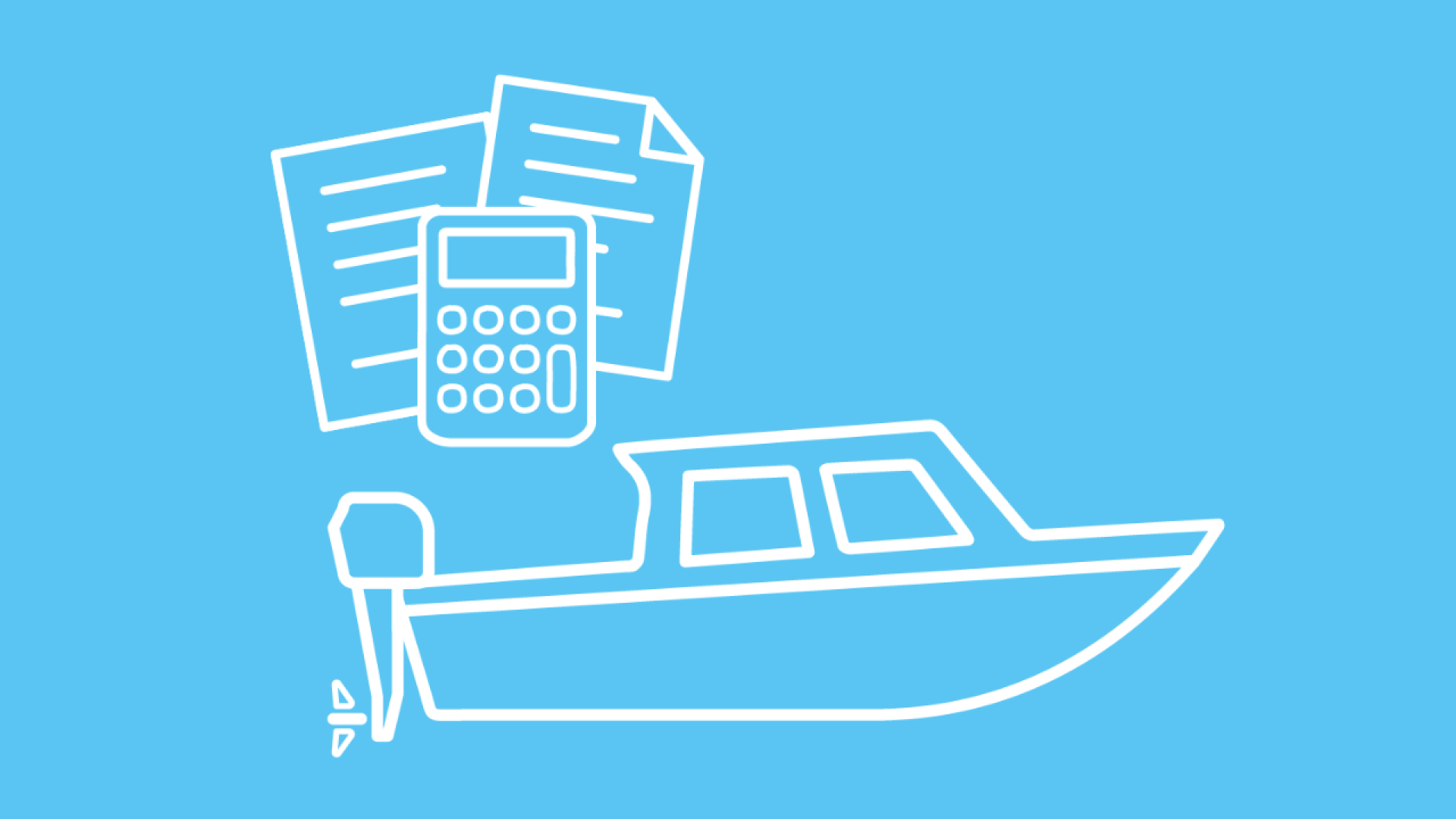 Es ist ein Boot mit Außenborder, Versicherungsdokumente und ein Bootsversicherung Tarifrechner abgebildet