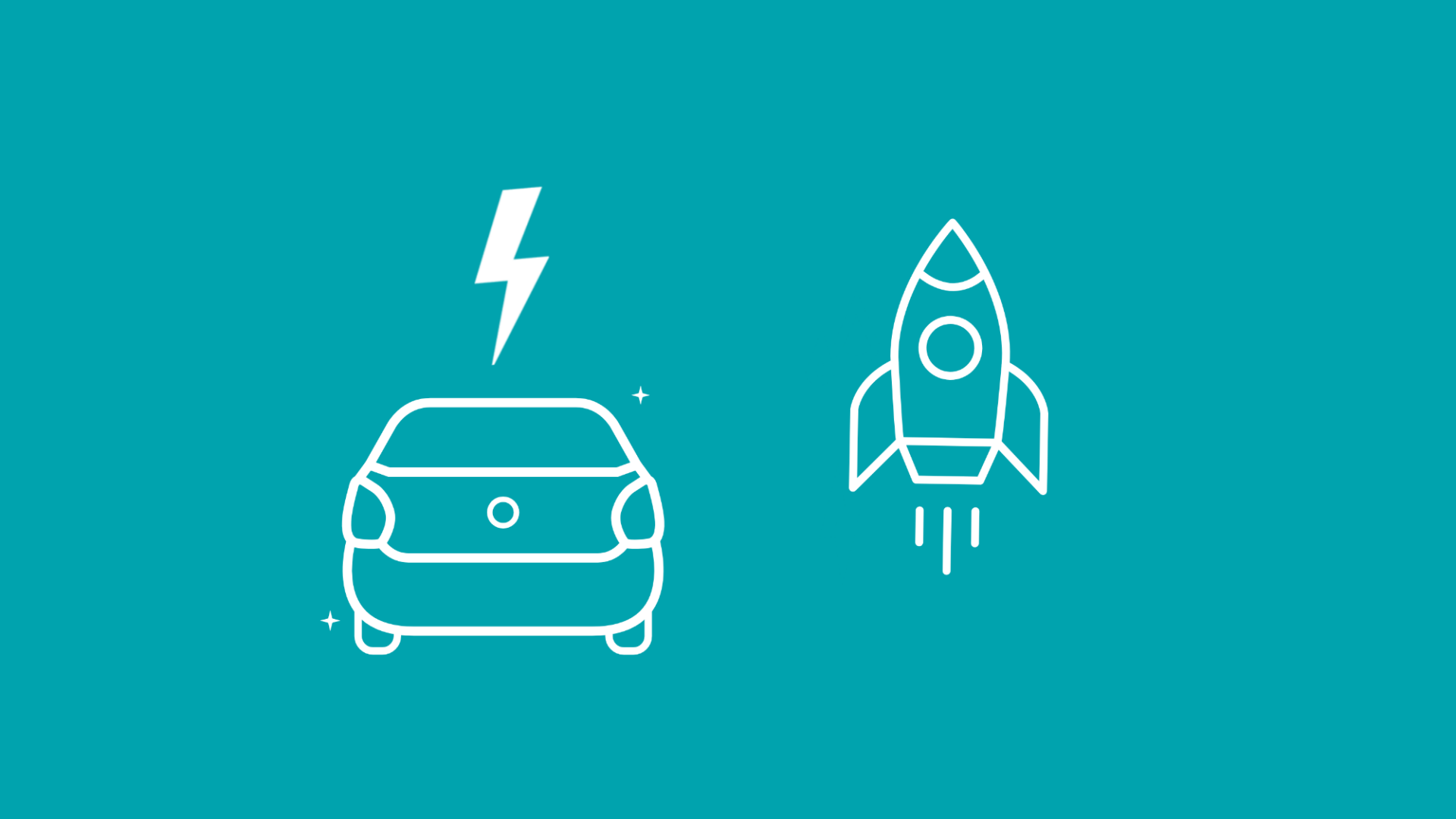 Neben einem E-Auto sieht man eine Rakete, die das Potenzial des alternativen Antriebs symbolisiert.