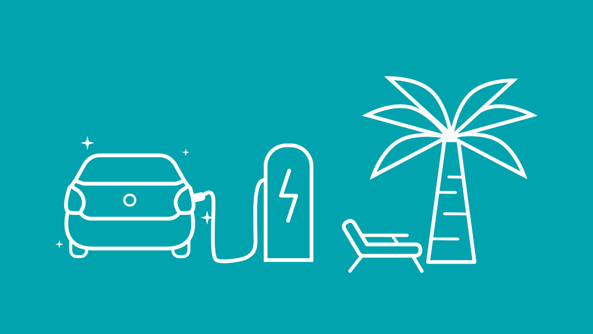 Abgebildet ist ein E-Auto an einer Ladesäule neben einer Palme und einem Liegestuhl.