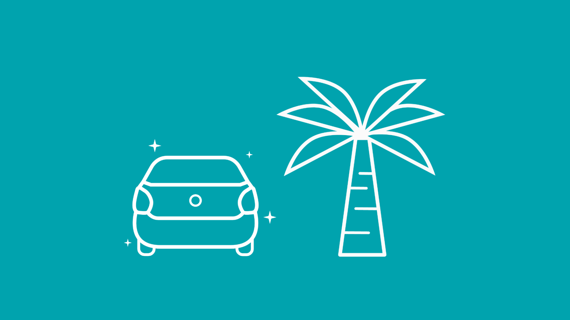 Zu sehen ist ein E-Auto und eine Palme, was den Urlaub mit Elektroauto verdeutlichen soll.
