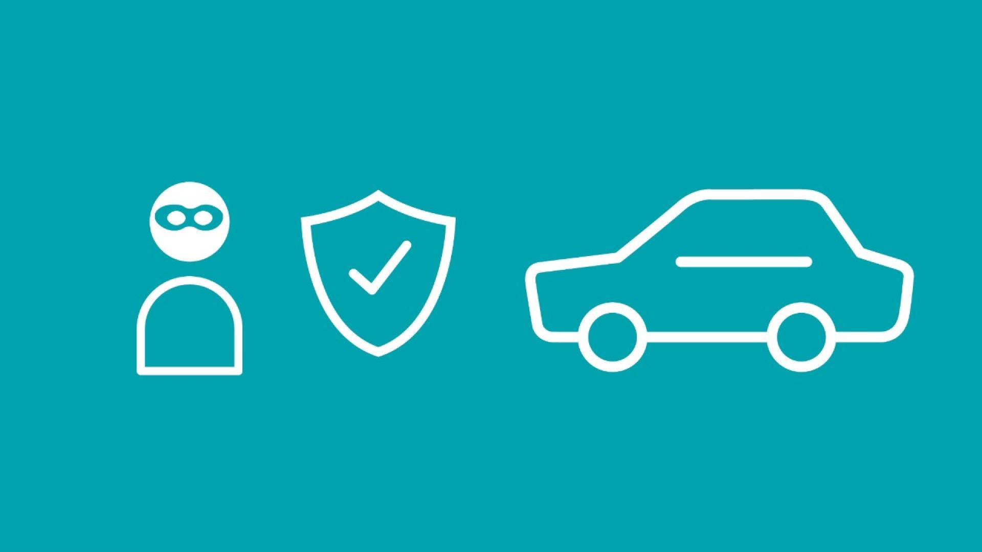 Icons verbildlichen die Empfehlung, Autos durch Diebstahlschutz und Autoversicherung abzusichern 