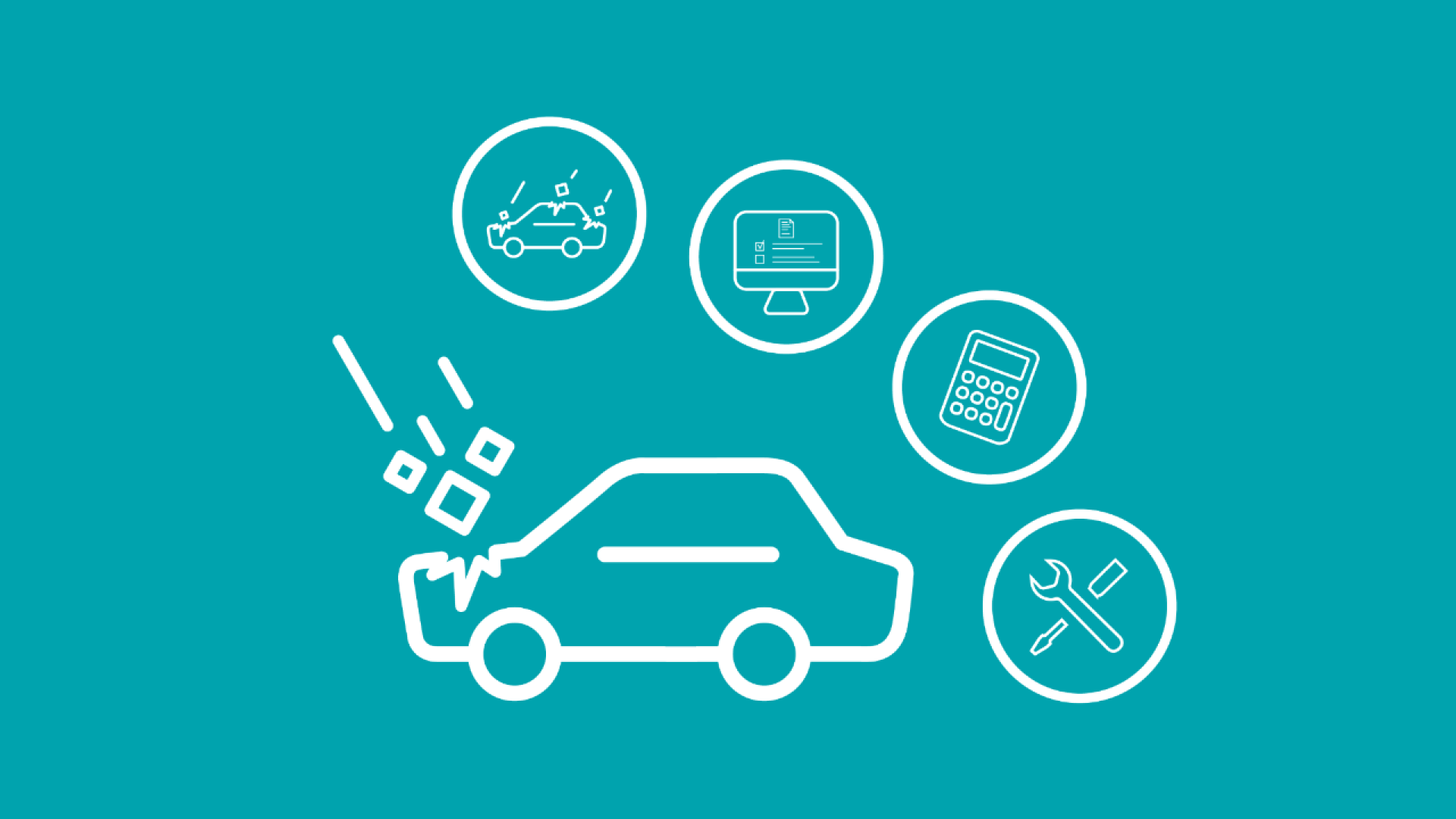 Die Grafik zeigt ein Auto mit einem Hagelschaden und vier Icons, welche die Herangehensweise nach einem Hagelschaden darstellen.