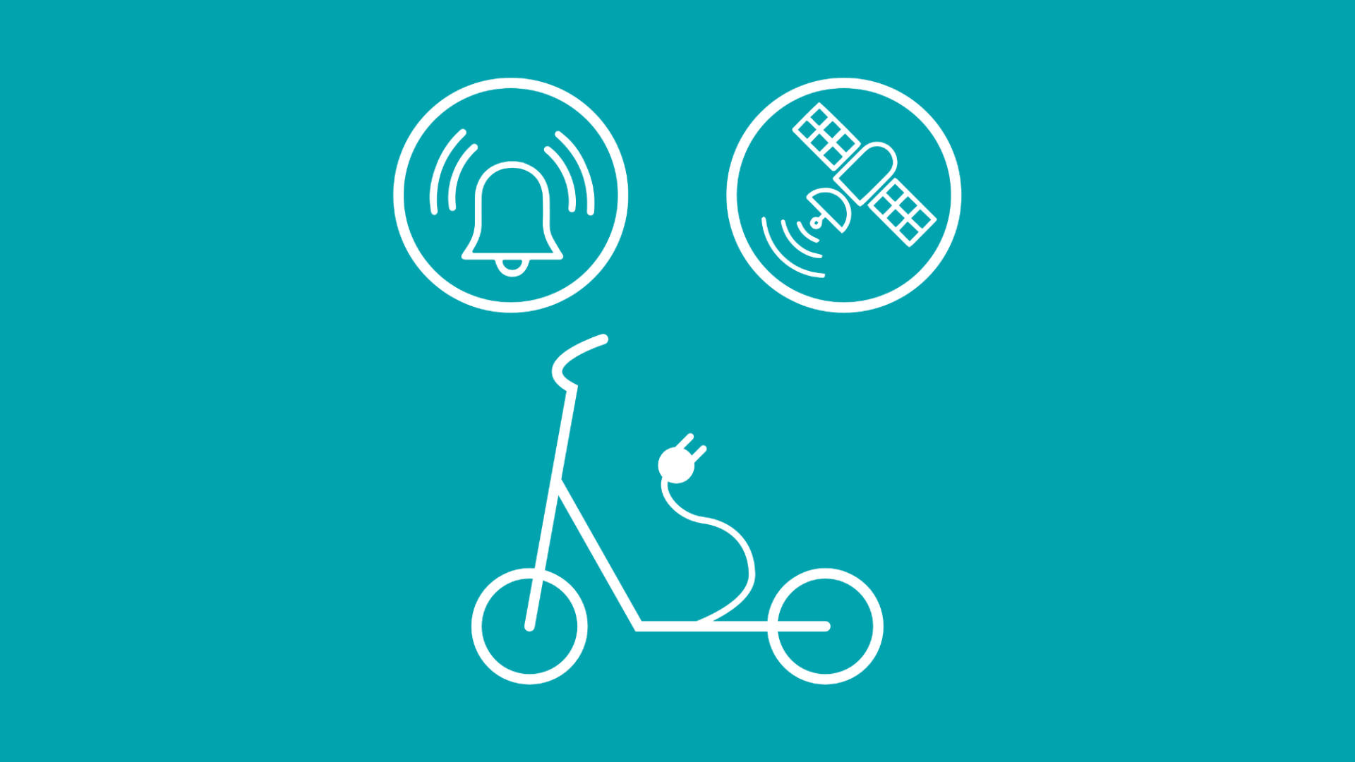 Im Fokus der Grafik steht ein E-Scooter, darüber ist im Icon-Stil eine Alarmanlage und ein GPS-Sensor abgebildet. 