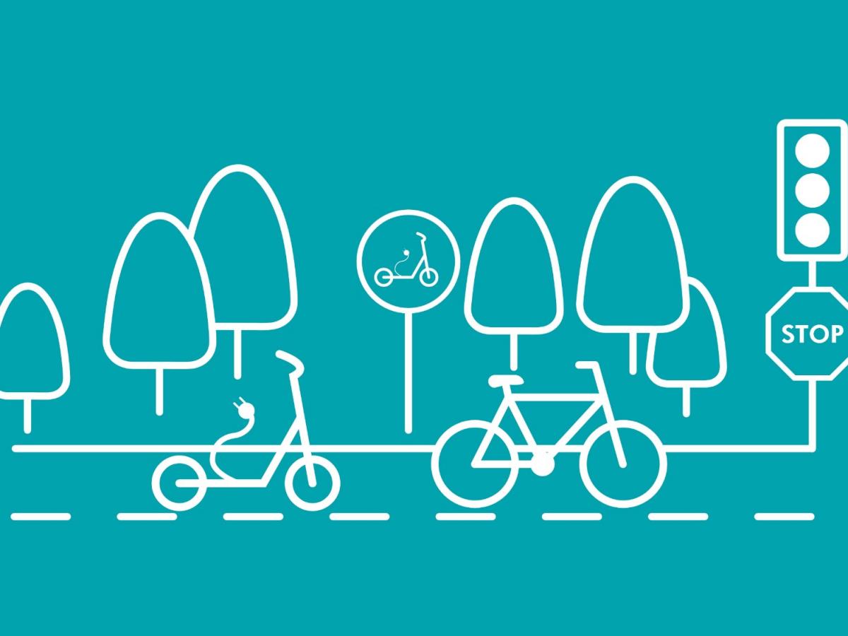 Die Grafik zeigt im Icon-Stil, wie Fahrrad und E-Scooter hintereinander auf einem Fahrradweg fahren und an einer Ampel mit Stoppschild anhalten.