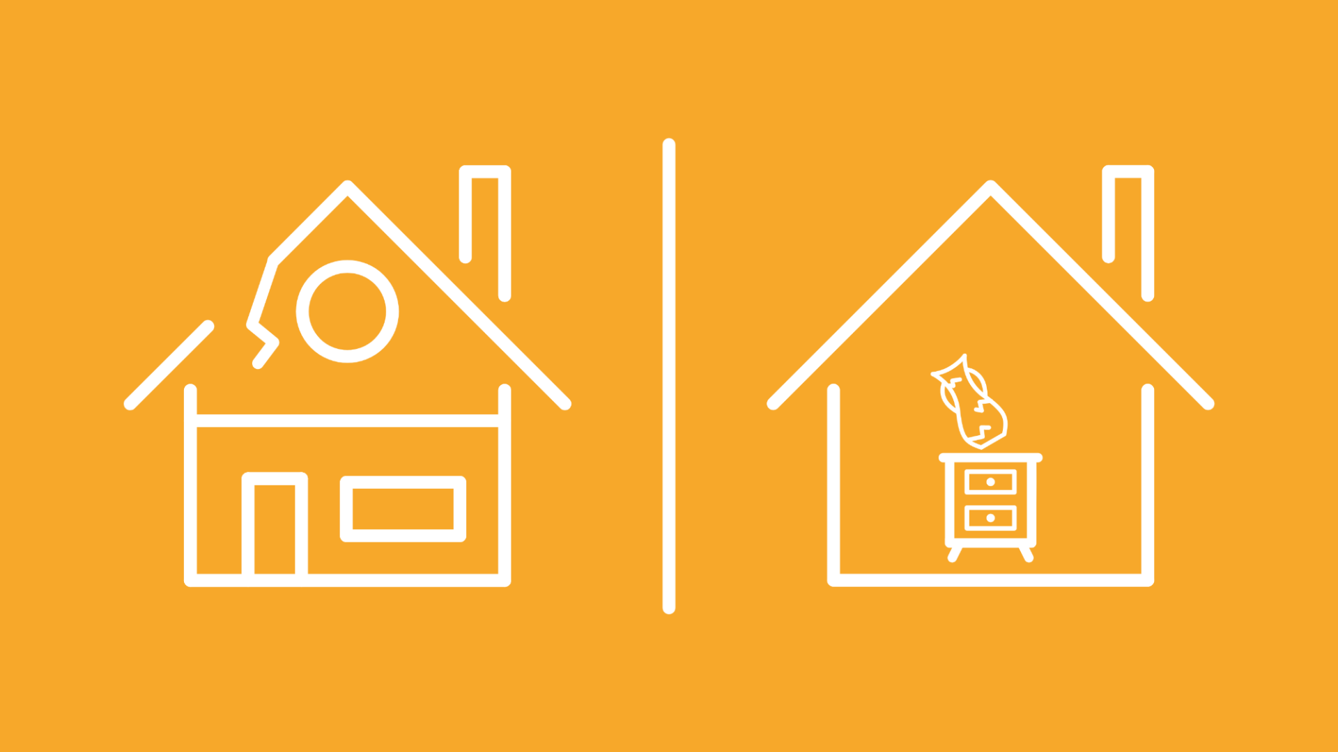 Der Unterschied zwischen Wohngebäudeversicherung und Hausratversicherung wird durch verschiedene Schäden am Haus und im Haus dargestellt. 