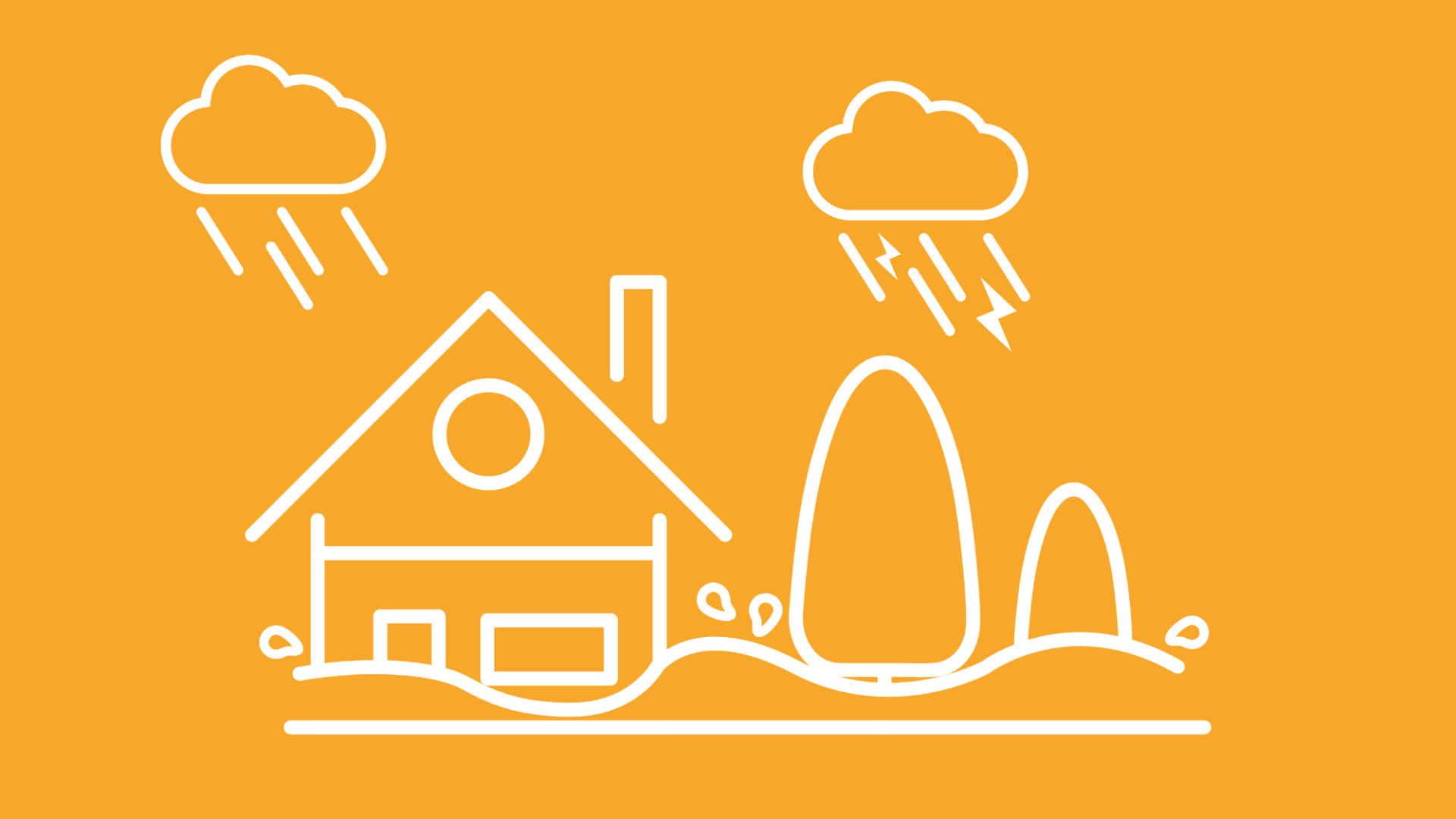 Alt-Tag: Ein Haus ist umgeben von Blitz, Hochwasser und Starkregen - Naturgefahren, die von der Elementarversicherung abgedeckt werden.