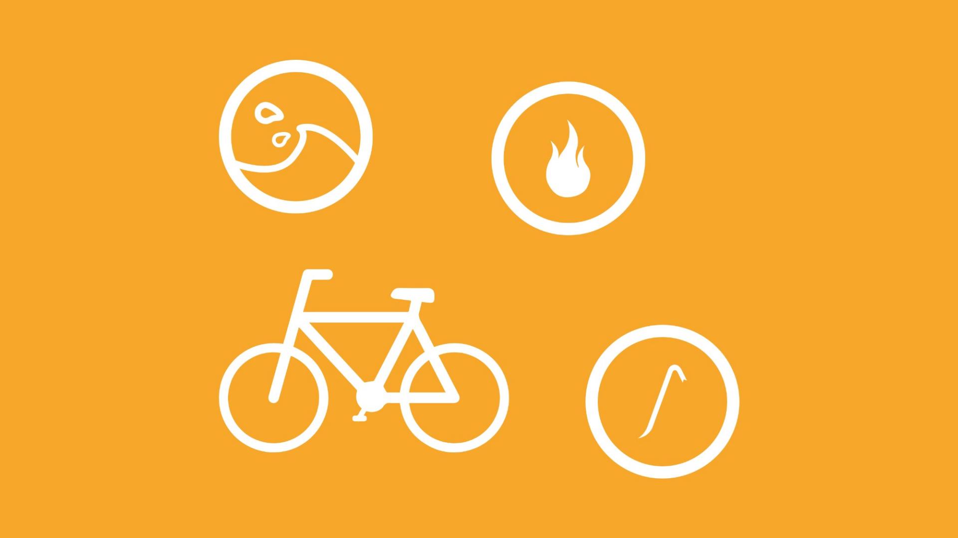 Potenzielle Schäden an einem Fahrrad, die eine Hausratversicherung abdeckt, sind als Icons dargestellt.