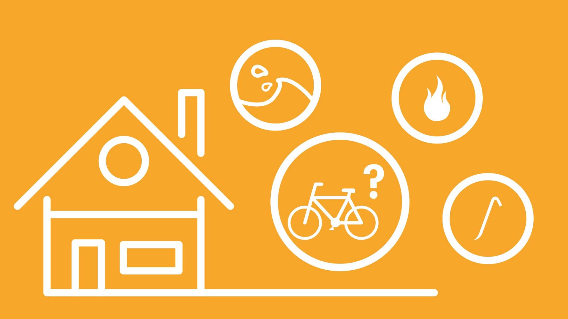 Neben einem Haus ist ein Fahrrad mit Fragezeichen und Ursachen für einen Schaden am Rad in Icon-Form dargestellt.
