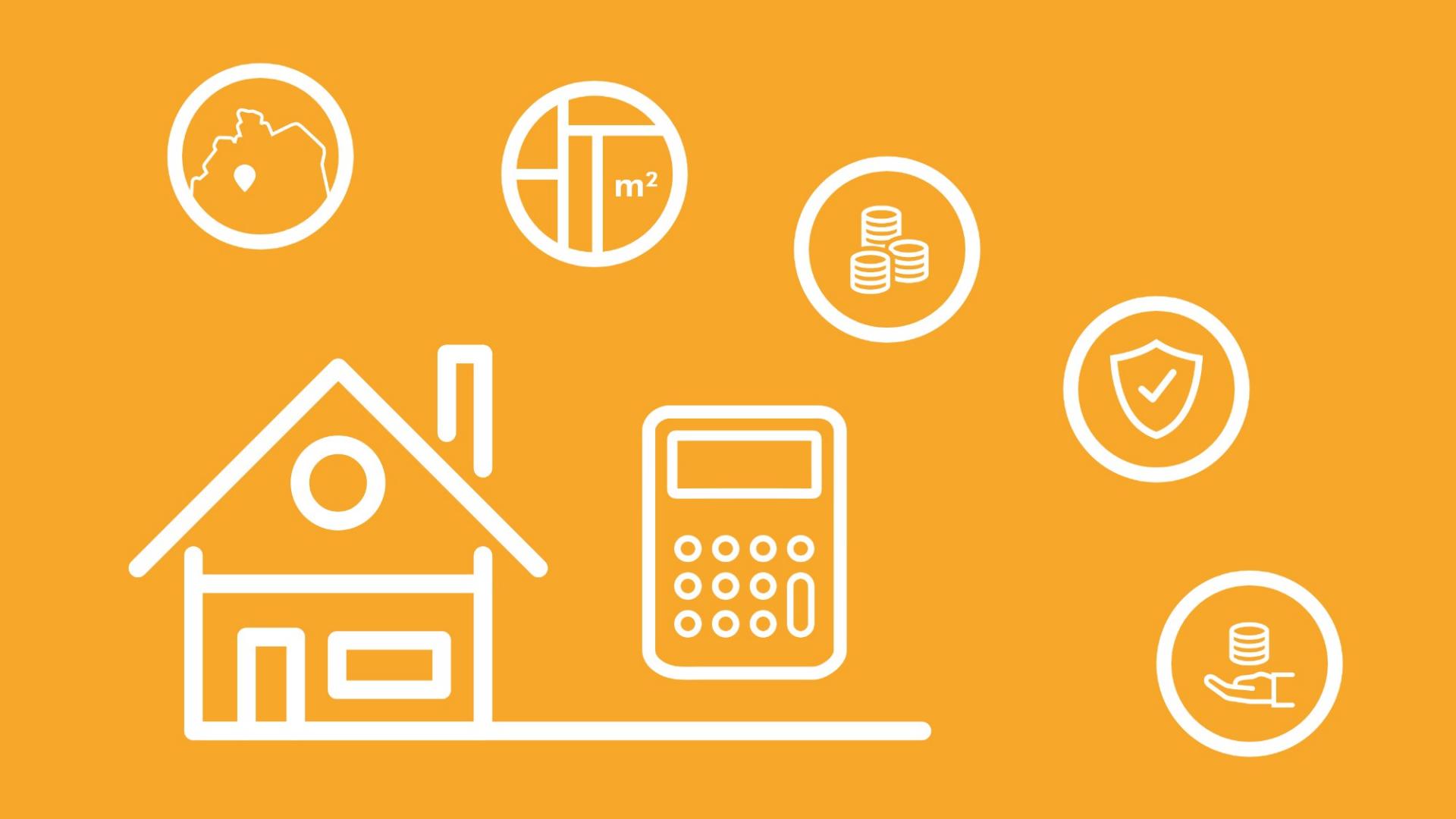 Um ein Haus und einen Rechner herum sind die Faktoren im Icon-Stil angeordnet, welche die Hausratversicherung Kosten beeinflussen.