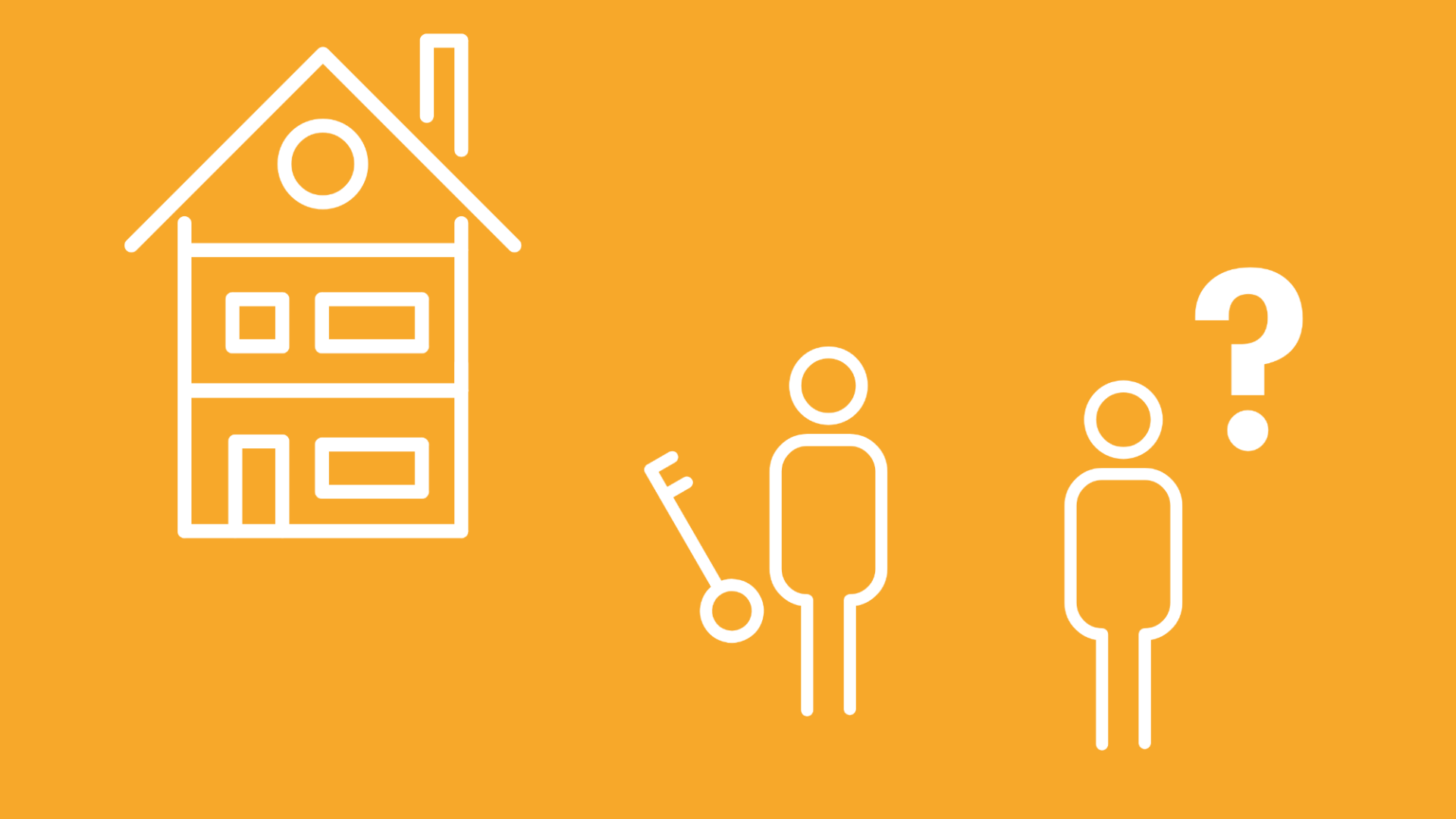 Ein Haus-Icon mit mehreren Apartments wird neben einer Person mit Schlüssel und einer Person ohne Schlüssel zusammen mit Fragezeichen abgebildet.