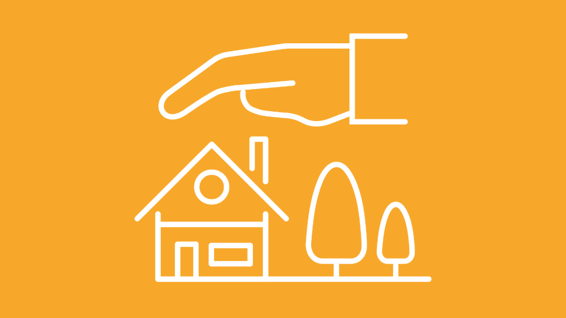 Ein Haus in Icon-Form mit einer schützenden Hand darüber verbildlicht, dass eine Hausratversicherung sinnvoll ist