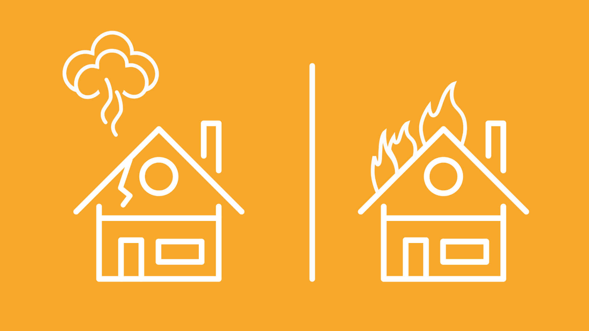 Die Grafik zeigt zwei Häuser, einmal mit Rauch und einmal mit Feuer, um den Unterschied zwischen Seng- und Brandschaden zu symbolisieren.