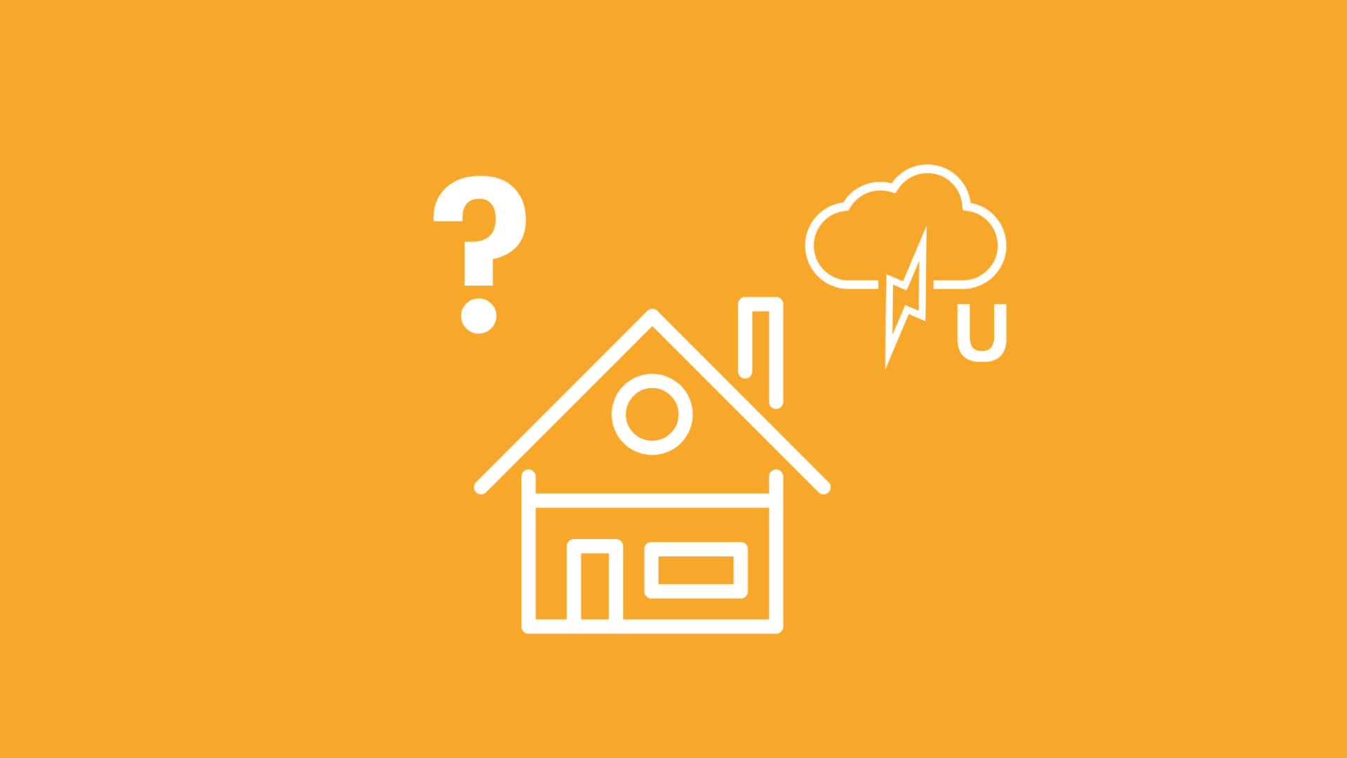 Die Frage wie Überspannungsschäden entstehen wird durch eine Gewitterwolke mit Blitz, das Zeichen für Spannung und ein Fragezeichen über einem Haus dargestellt.