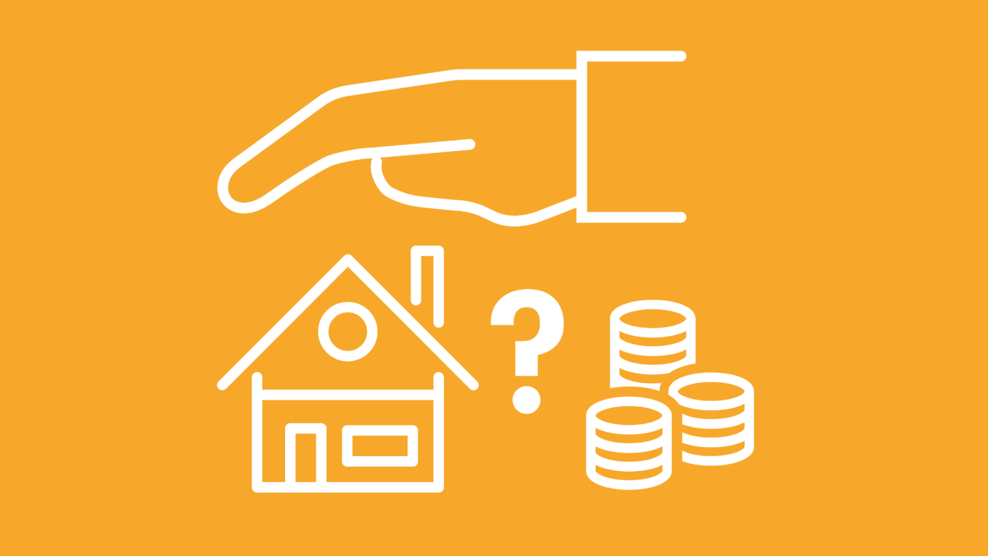 Unter einer schützenden Hand sind ein Haus, ein Münzstapel und ein Fragezeichen abgebildet, um die Frage zu visualisieren: Was zahlt die Hausratversicherung? 