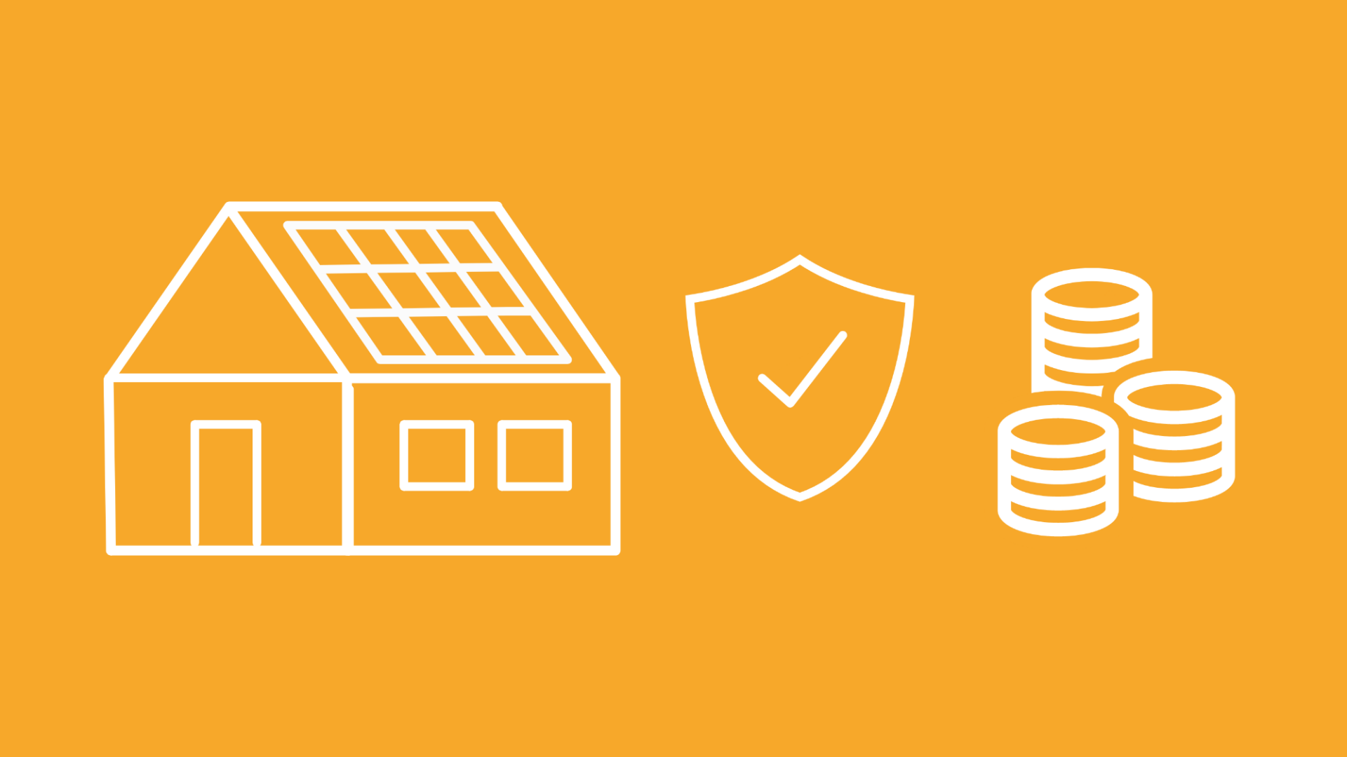 Die Grafik zeigt eine Solaranlage auf einem Haus, daneben ein Schutzschild und einen Münzstapel. 