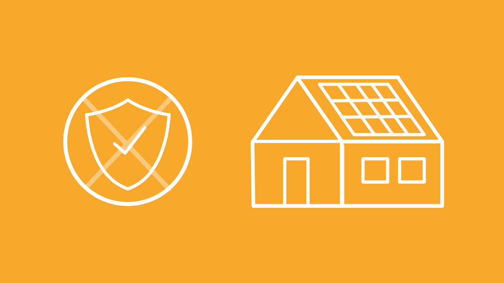 Ein durchgestrichenes Schutzschild neben einem Haus mit Solaranlage symbolisiert, dass eine manche Schäden von der Photovoltaikversicherung ausgeschlossen sind.
