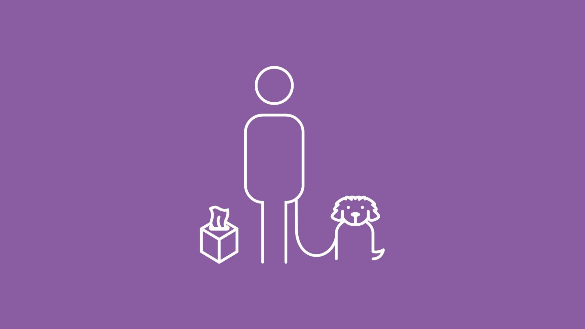 Die Grafik zeigt im Icon-Stil eine Person, die sich die Frage stellt: „Welcher Hund passt zu mir?“