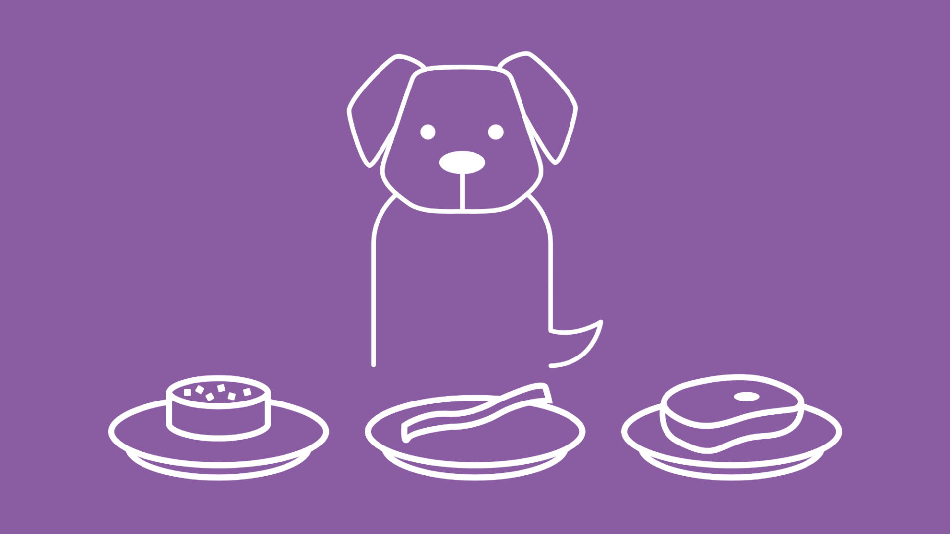 Die Grafik zeigt einen Schwanz wedelnden Hund. Vor ihm stehen drei verschiedene Fleischsorten auf Serviertabletts.