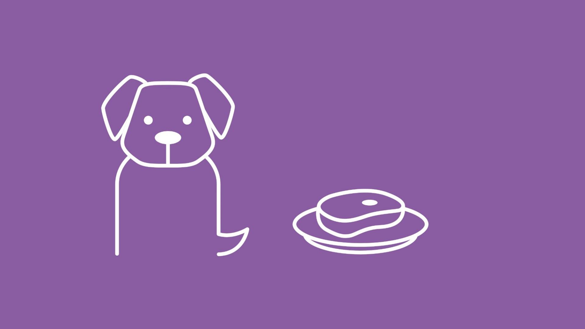 Die Grafik zeigt Hund mit wedelndem Schwanz. Neben ihm ist ein Speiseteller mit einem Stück rohem Fleisch zu sehen. 