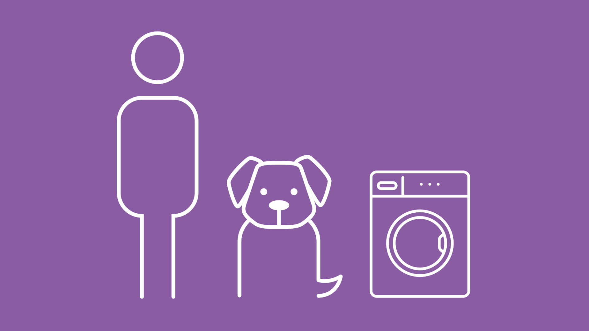 Neben einem Hund und seinem Besitzer sieht man eine Waschmaschine als Symbol für die Vermeidung von Giardien bei Hunden.