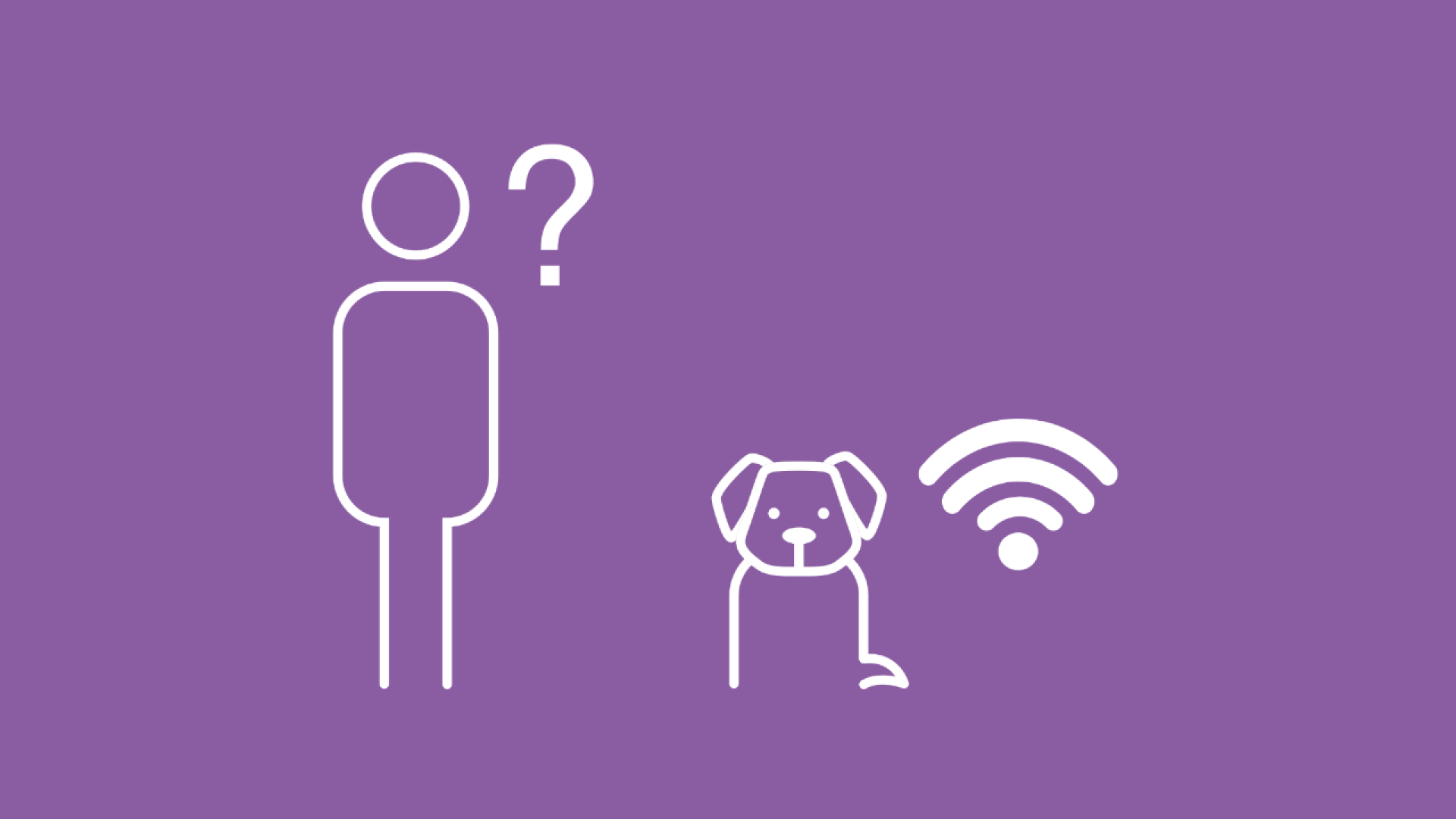 Die Grafik zeigt das WLAN-Symbol neben einem Hund und sein Herrchen, der ihn dank des Chips jederzeit finden kann. 