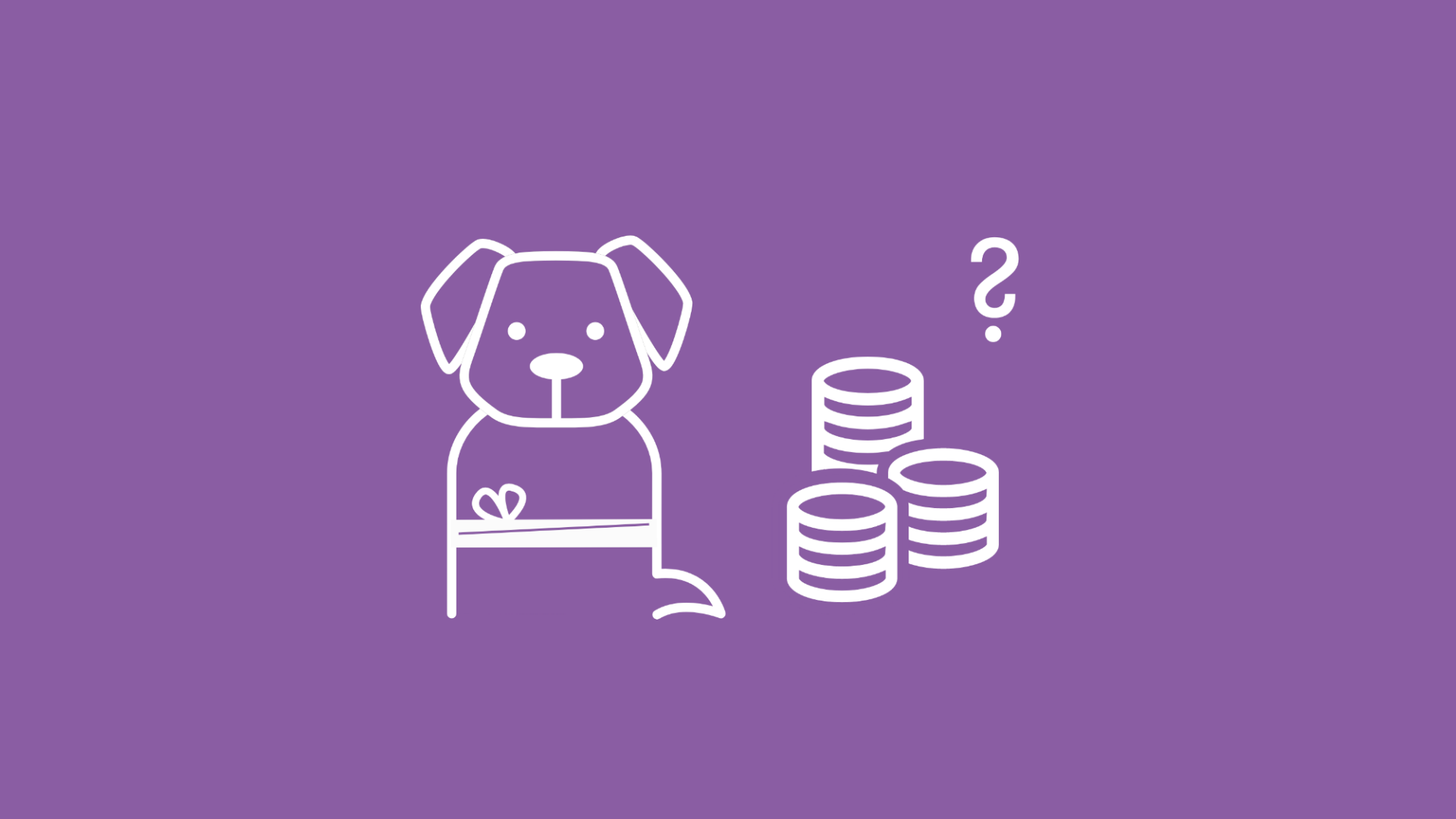 Hund, neben dem ein Stapel von Münzen und ein Fragezeichen zu sehen sind.