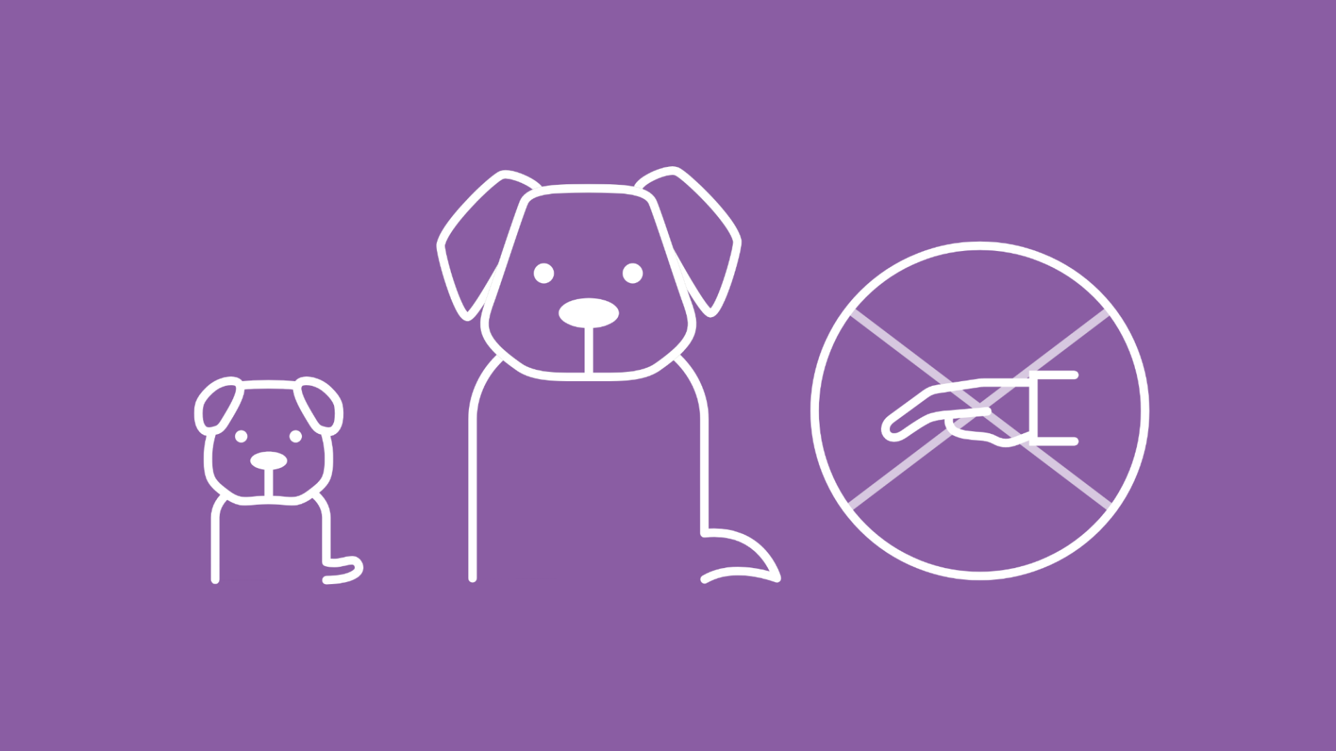 Die Grafik zeigt einen Welpen, einen erwachsenen Hund und eine Hand, die ein Verbot signalisiert.