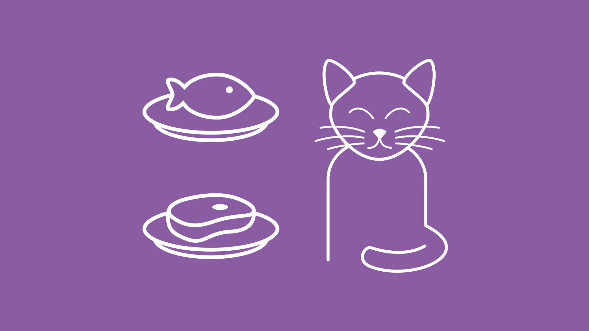 Eine Katze sitzt neben zwei Tellern mit einem Stück Fisch und einem Stück rohem Fleisch.