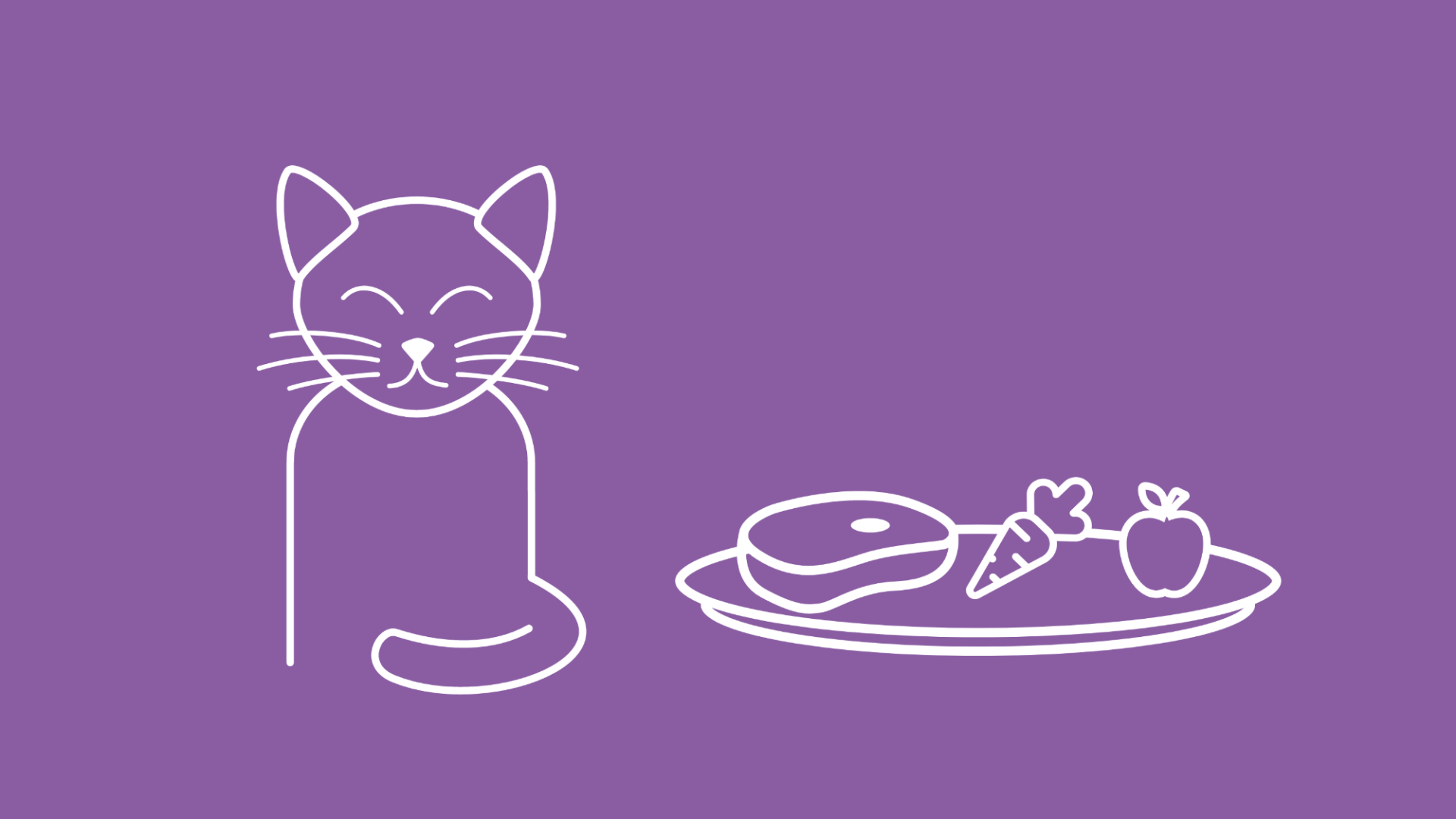 Eine Katze sitzt neben einem Teller mit einem rohen Stück Fleisch, einer Karotte und einem Apfel.  