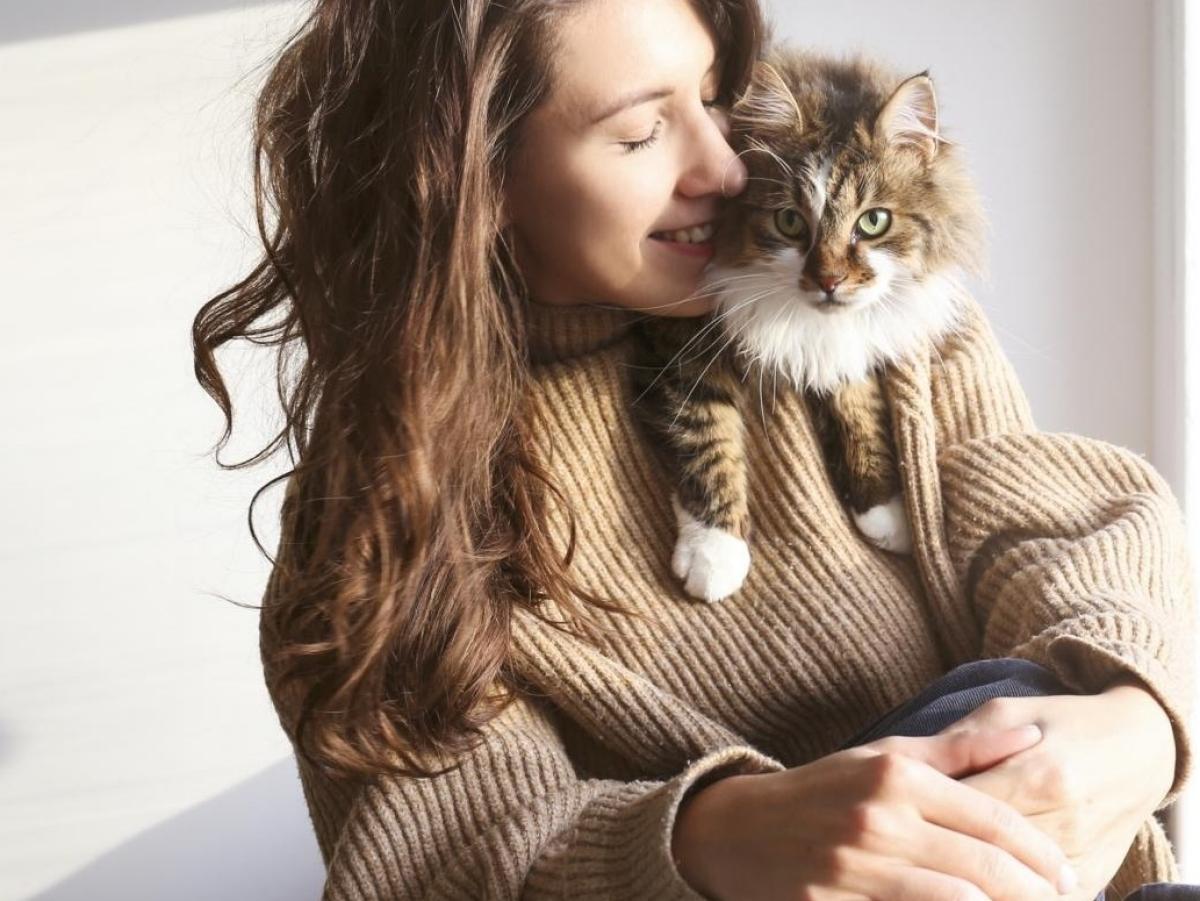 Auf der Schulter einer jungen Frau sitzt eine getiegerte Katze.