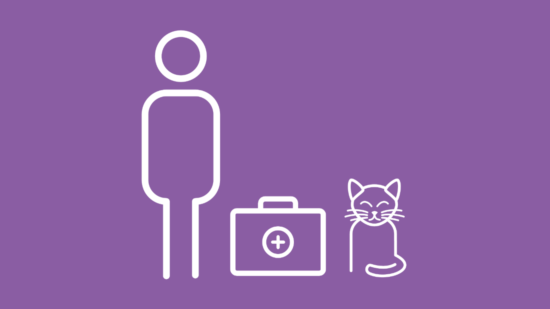 Nebeneinander werden Katzenhalter, Arzneikoffer und Katze im Icon-Stil gezeigt