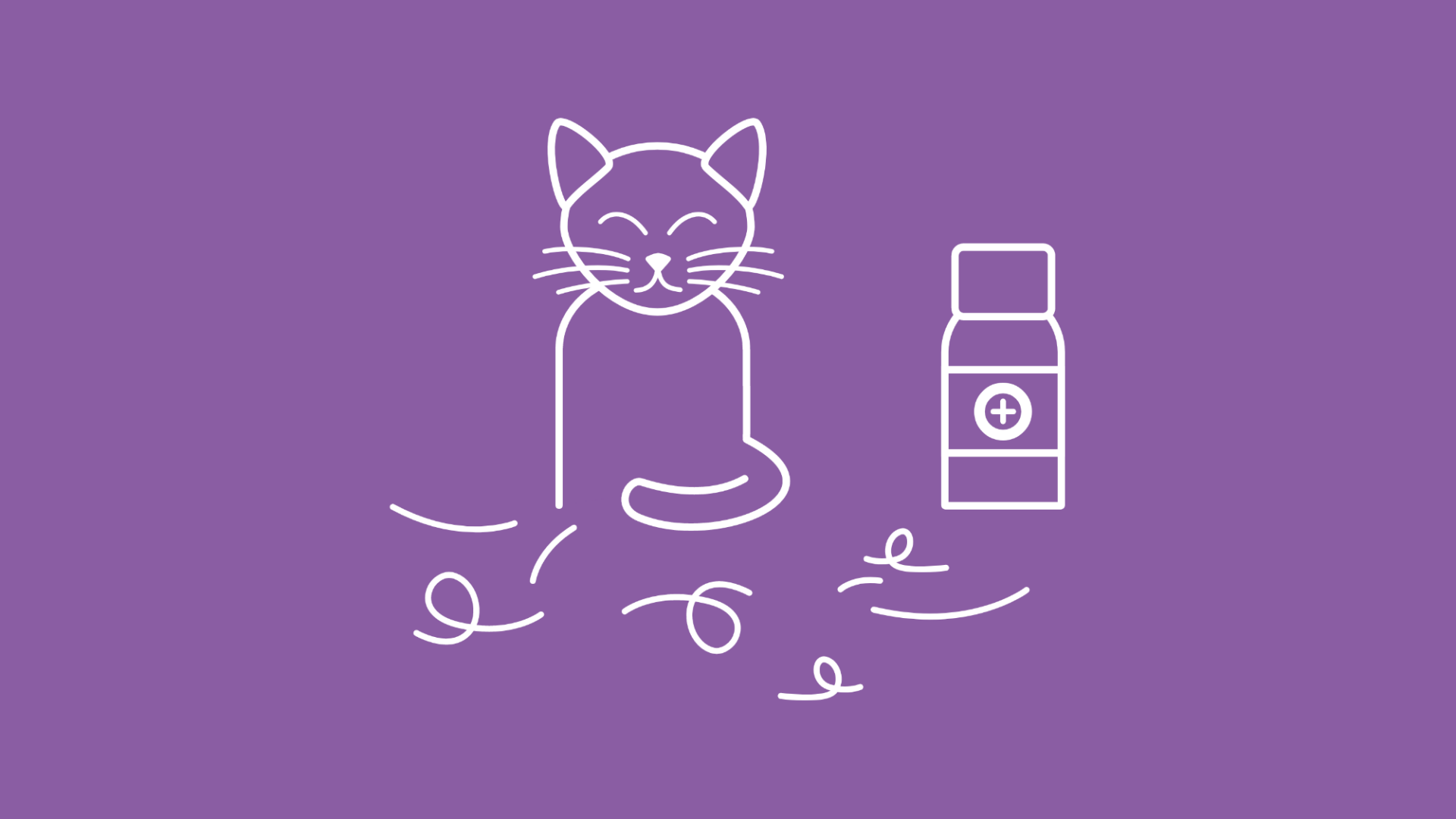 Neben einer Katze, um die herum Katzenhaare verteilt sind, ist eine Medizinflasche zur Behandlung des krankhaften Haarausfalls zu sehen