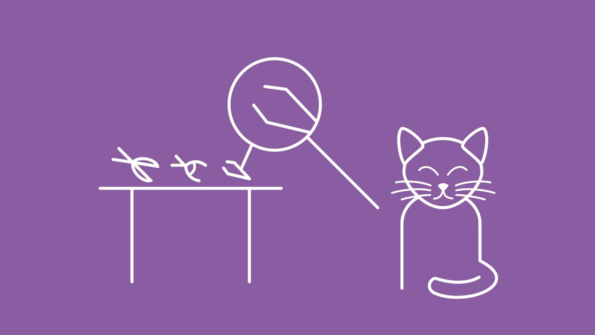 Die Grafik zeigt verschiedene Instrumente auf einem Tisch, die mit einer Lupe vergrößert dargestellt werden. Hierbei werden in Form von Icons 2-3 geeignete Utensilien zum Schneiden der Krallen gezeigt. Neben den Utensilien auf dem Tisch sitzt eine Katze.