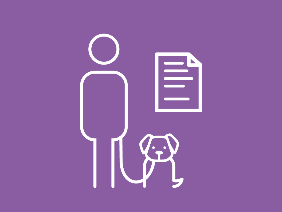 Eine Grafik von einem Hund mit seiner Halter:in und einem Dokument