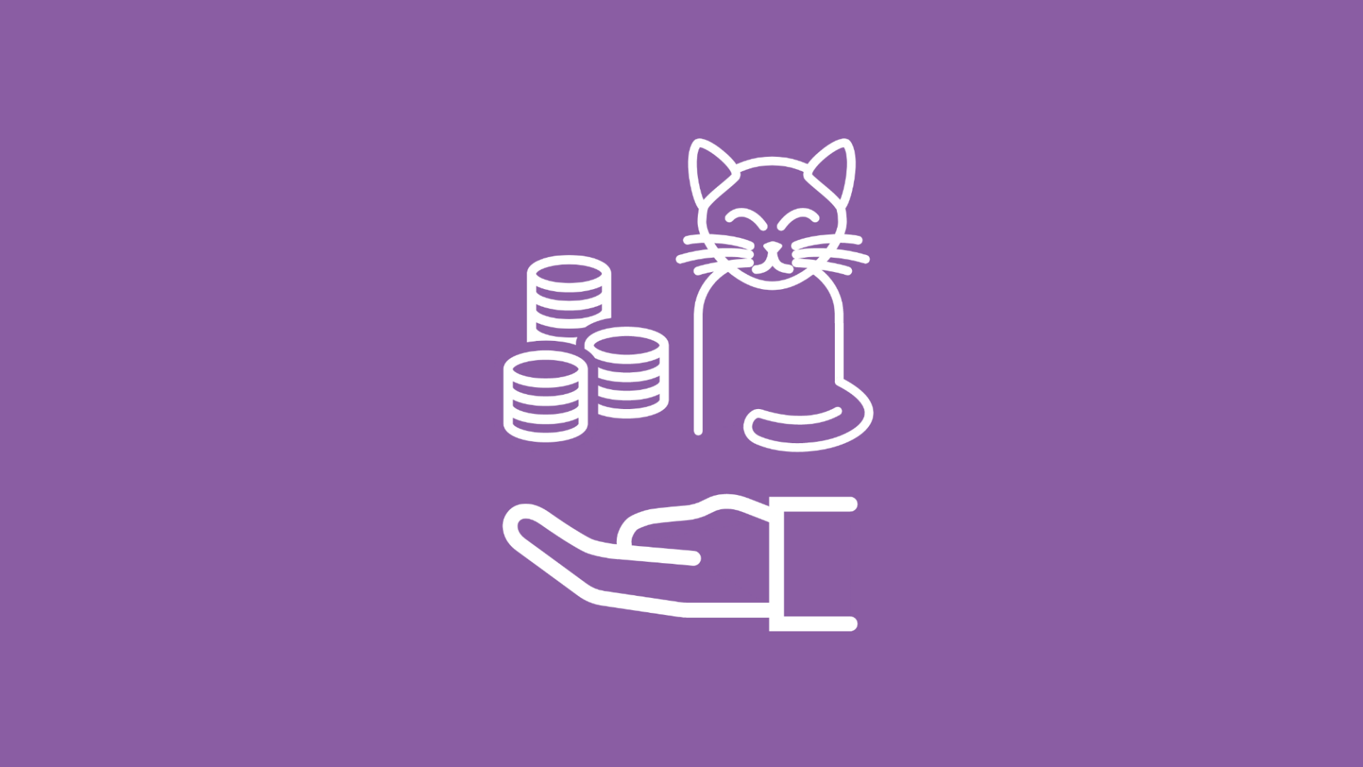 Um die Frage nach den Kosten für eine Katze zu illustrieren, wird eine Katze neben einem Münzstapel über einer offenen Hand im Icon-Stil dargestellt