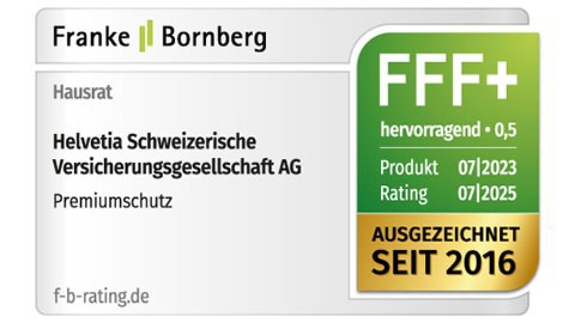 Franke und Bornberg bewerten den Premiumschutz der Hausratversicherung mit dem Leistungsniveau »hervorragend« (07/23)