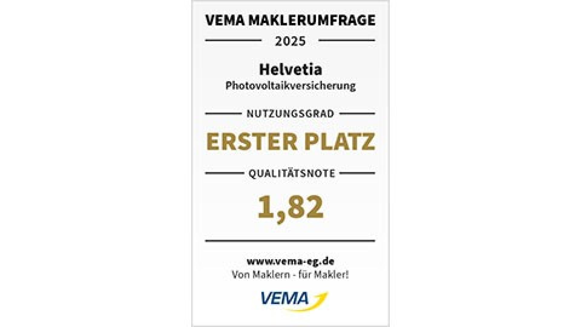 Vema Makler: Helvetia belegt Platz 1 bei der Photovoltaikversicherung
