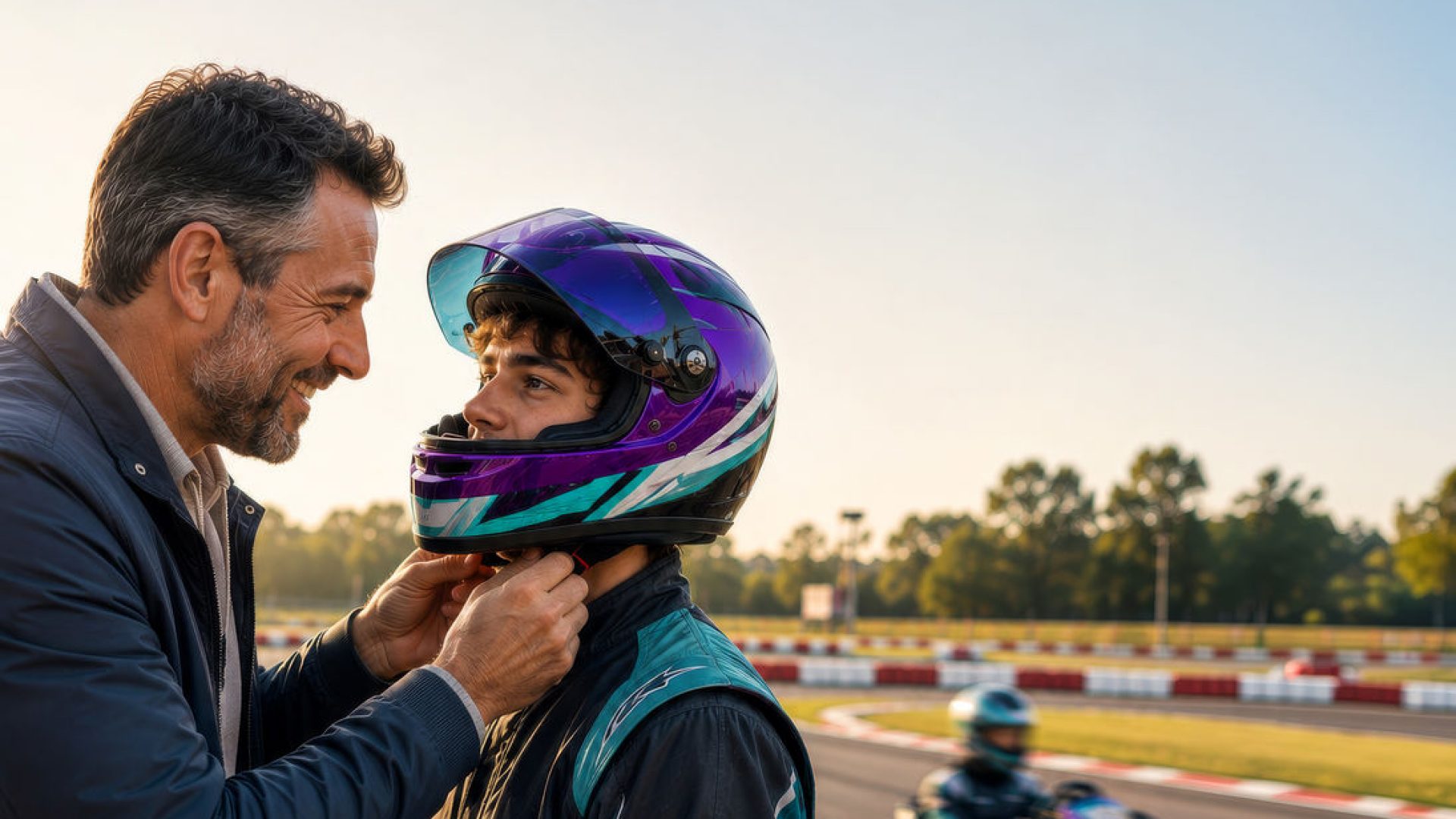 Papà che allaccia il casco al figlio prima di una gara di kart