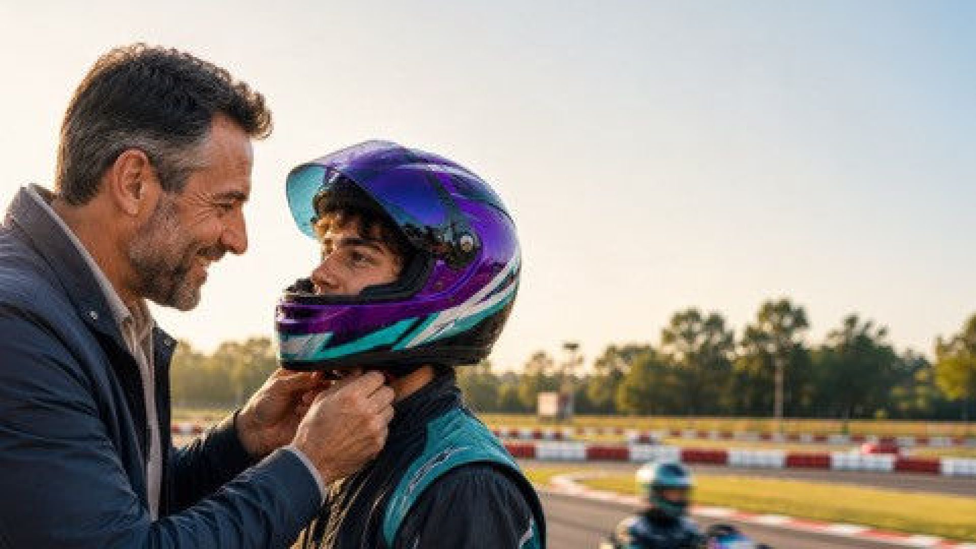Papà che allaccia il casco al figlio prima di una gara di kart