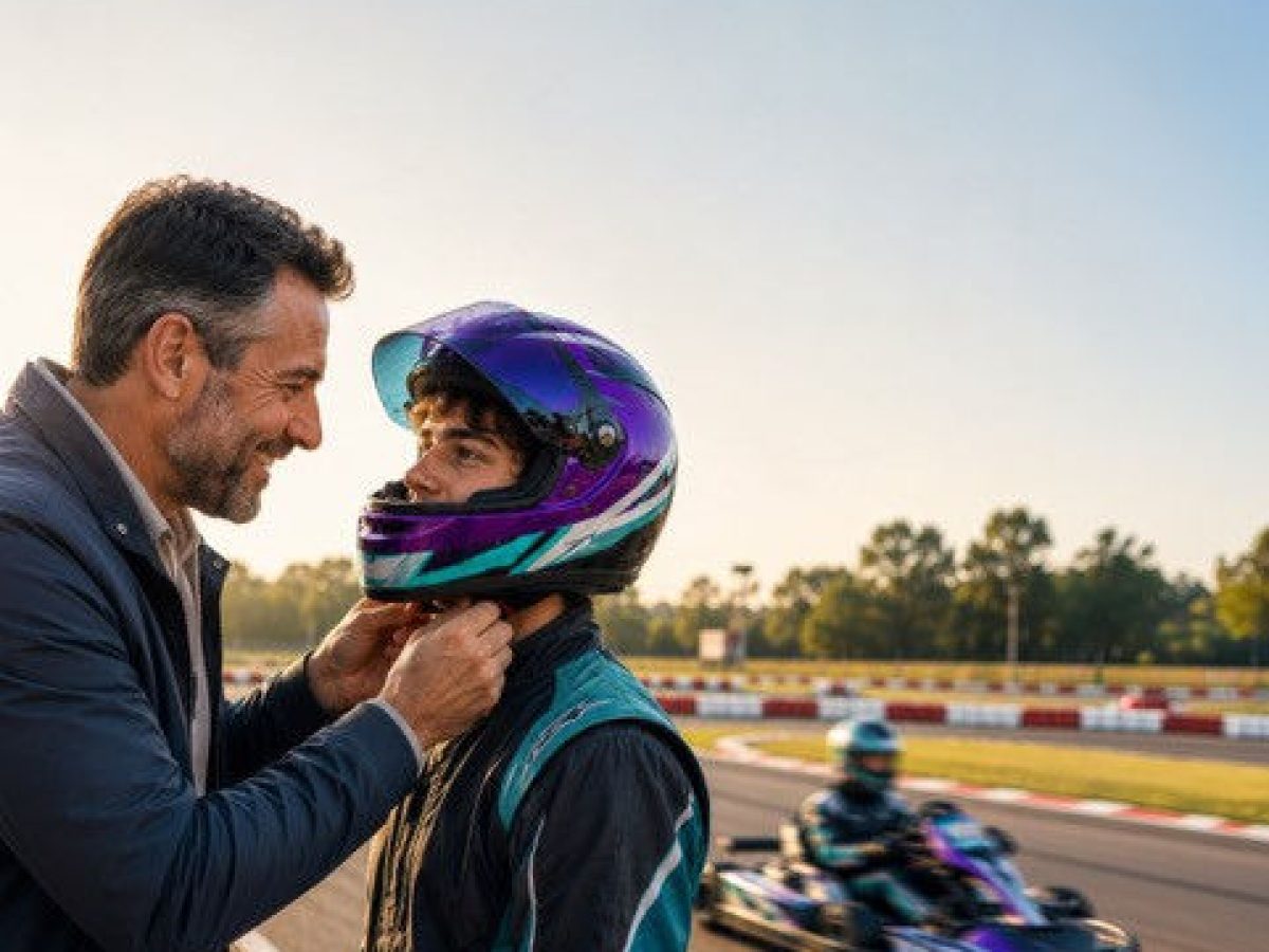 Papà che allaccia il casco al figlio prima di una gara di kart